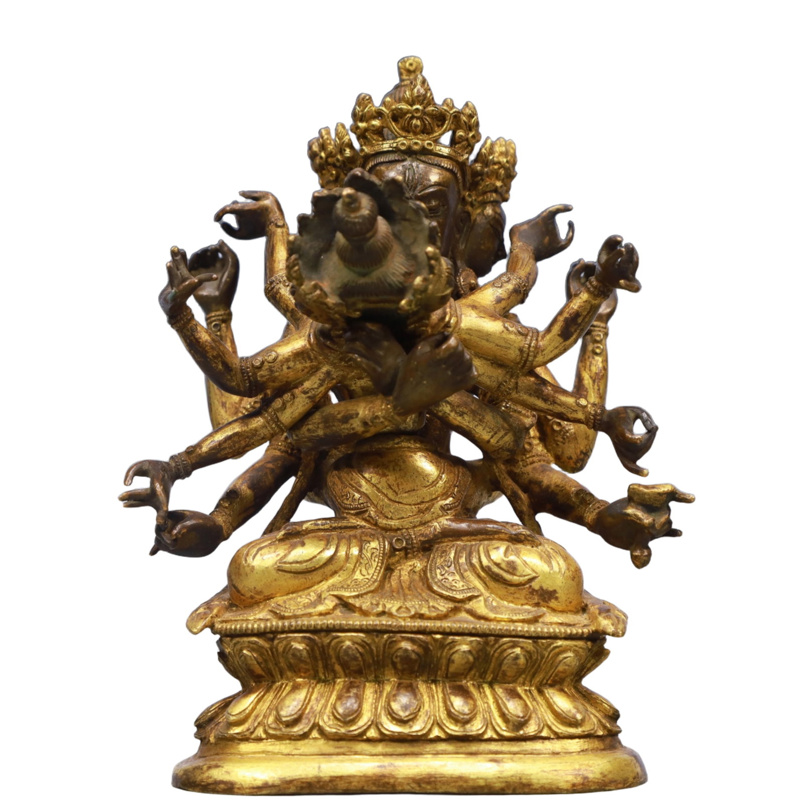 A Solemn Gilt Bronze Statue of Chakrasamvara: A Solemn Gilt Bronze Statue of Chakrasamvara,Qing Dynasty, China,Size:3.9inx6.7in,Weight:1900g 铜鎏金胜乐金刚像,中国清代