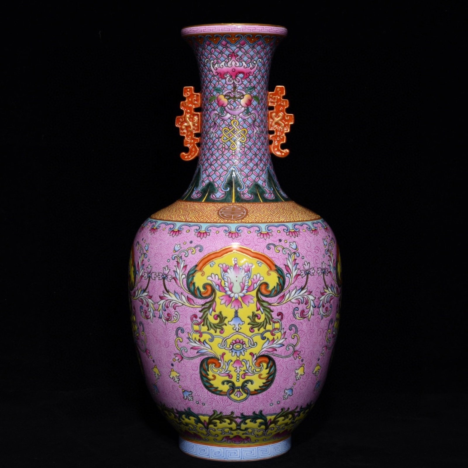 A Rare Famille-Rose Lotus Pattern Double-Ears Vase: A Rare Famille-Rose Lotus Pattern Double-Ears Vase,Qing Dynasty,China,Qianlong Six-character Mark,Size:13.3inx7.1in