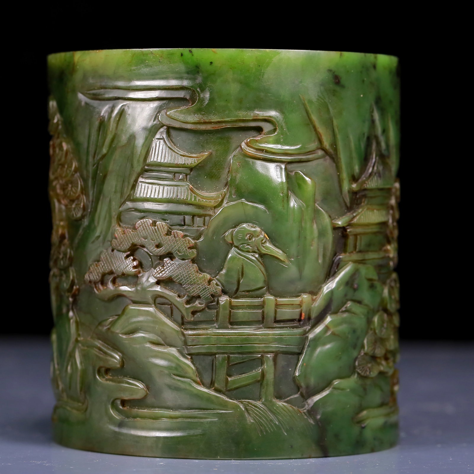 An Exquisite Jasper Character and Story Pattern Brush Pot: An Exquisite Jasper Character and Story Pattern Brush Pot,Qing Dynasty, China, Qianlong Four-character Mark,Size:2.6inx4.1in,Weight:450g 碧玉人物故事纹笔