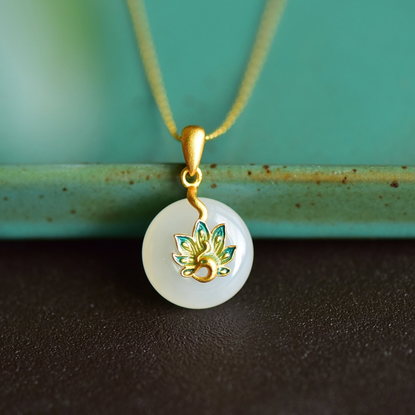An Exquisite Sterling Silver-Gold Plated Inlaid White Jade Enamel Pendant: An Exquisite Sterling Silver-Gold Plated Inlaid White Jade Enamel Pendant 纯银镀金镶白玉珐琅吊坠