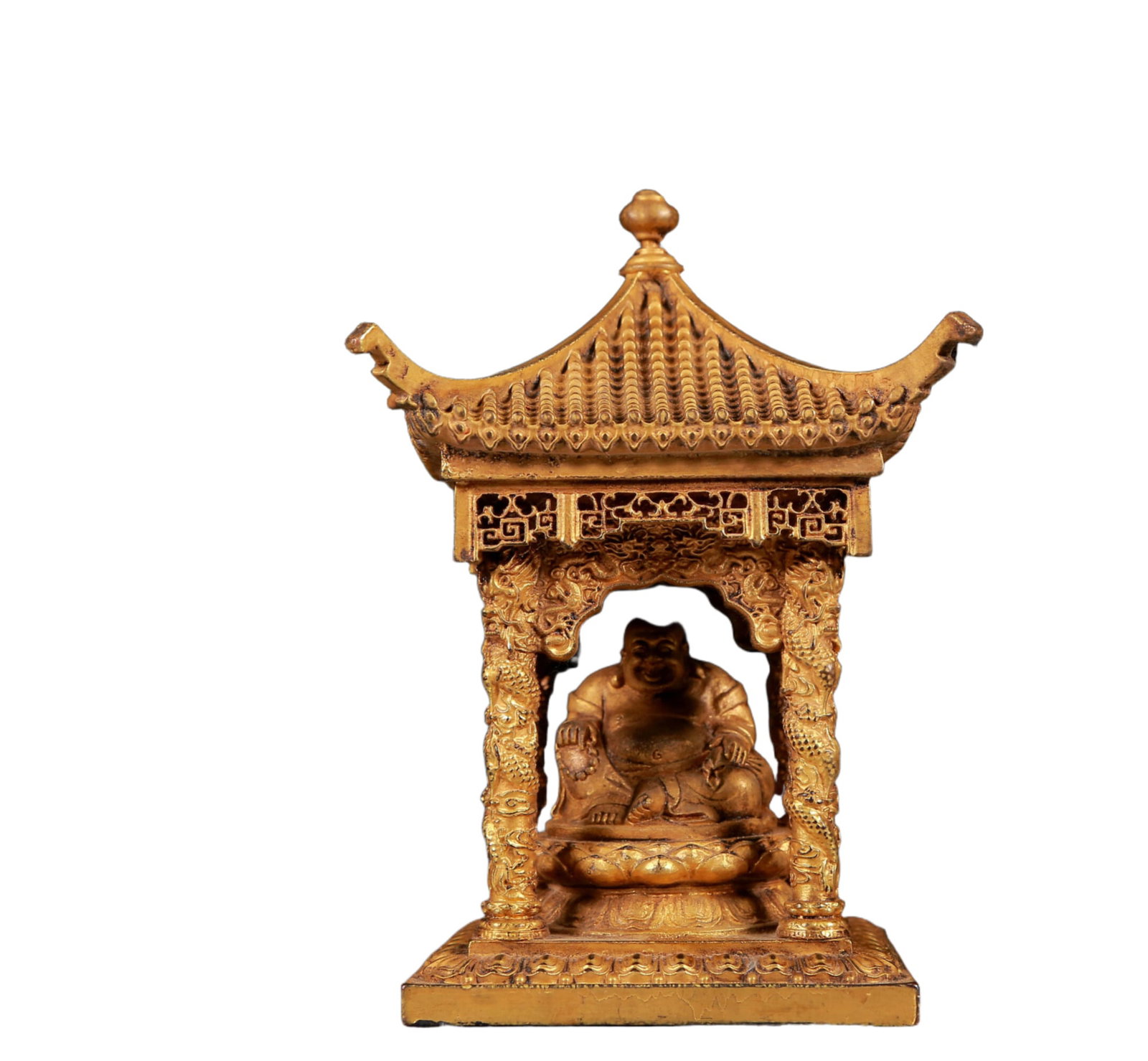 A Rare Gilt Bronze Statue of Maitreya Buddha Pagoda: A Rare Gilt Bronze Statue of Maitreya Buddha Pagoda,Qing Dynasty, China,Size:3.9inx5.9in,Weight:1105g 铜鎏金弥勒佛佛塔，清代