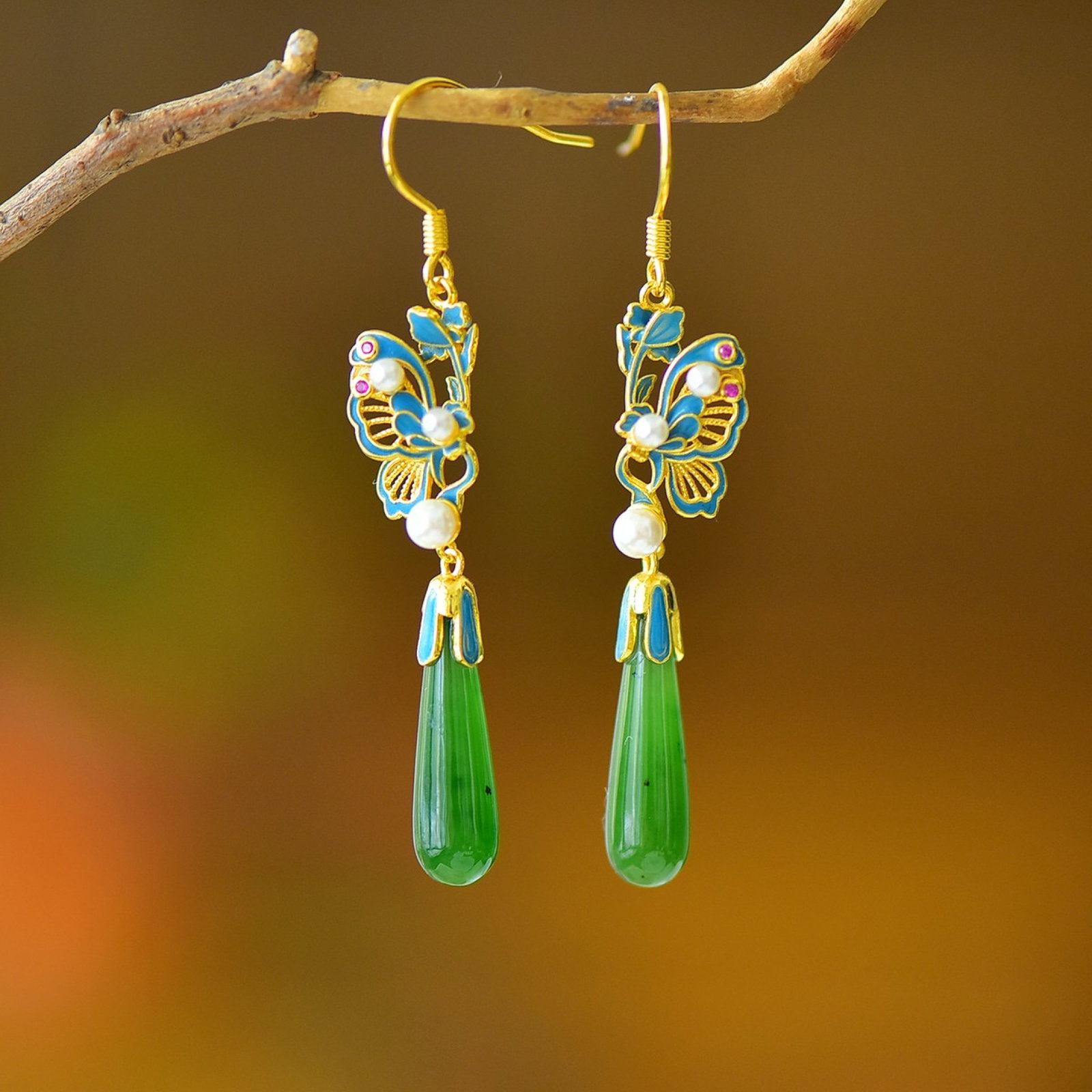 A Pair of Exquisite Sterling Silver-Gold Plated Inlaid Jasper Earrings,Inlaid Pearls: A Pair of Exquisite Sterling Silver-Gold Plated Inlaid Jasper Earrings,Inlaid Pearls,Size:0.2inx0.8in 一对纯银镀金镶碧玉耳环,嵌&