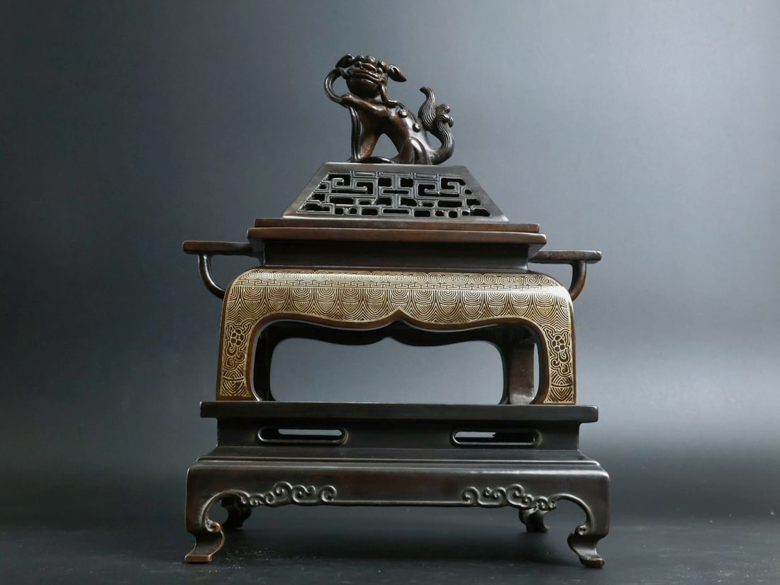 An Exquisite Bronze Inlaid Silver Beast Pattern Censer: An Exquisite Bronze Inlaid Silver Beast Pattern Censer,Qing Dynasty, China, With Mark,Size:10.2inx5.7inx4.5in,Weight:6975g 铜嵌银兽纹香炉,中国
