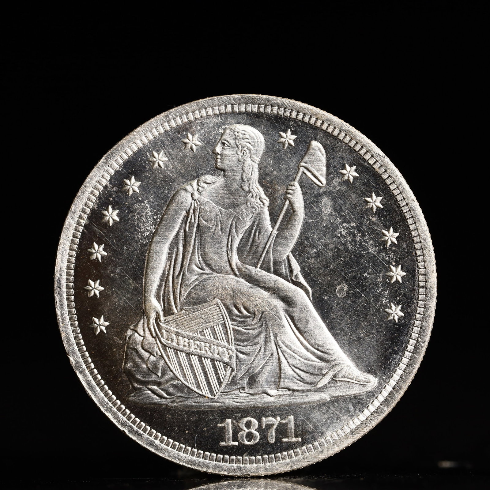 USA One Dollar 1871 Coin: American coin. IN GOD WE TRUST / LIBERTY / 1871 / UNITED STATES OF AMERICA / ONE DOL. Mint Mark: CC.Weight:26.9g.
