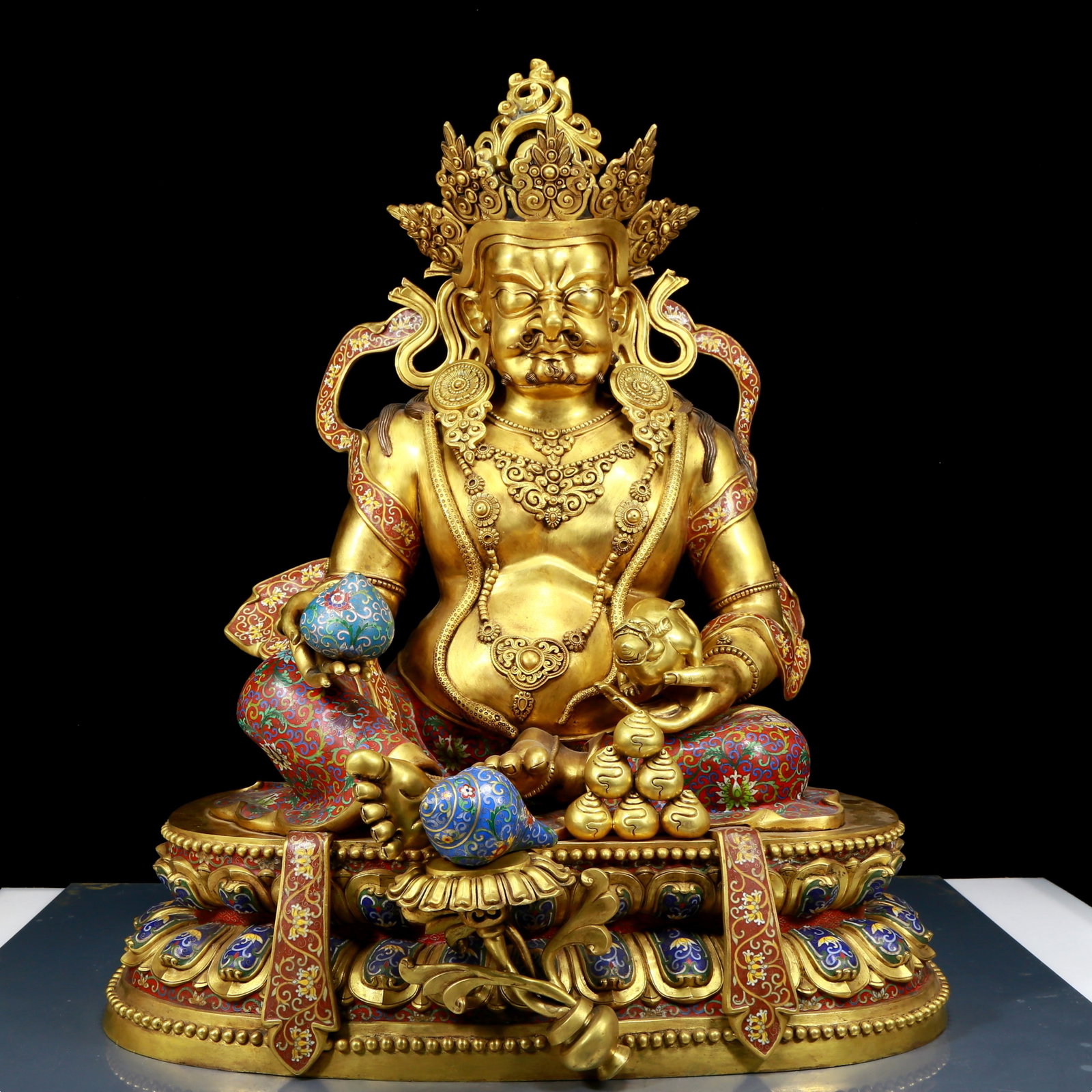 A Huge Cloisonne Gilt Bronze Statue of Mammon: A Huge Cloisonne Gilt Bronze Statue of Mammon，Qing Dynasty, China，Size:27.6inx21.7inx32.7in，Weight:67.15kg