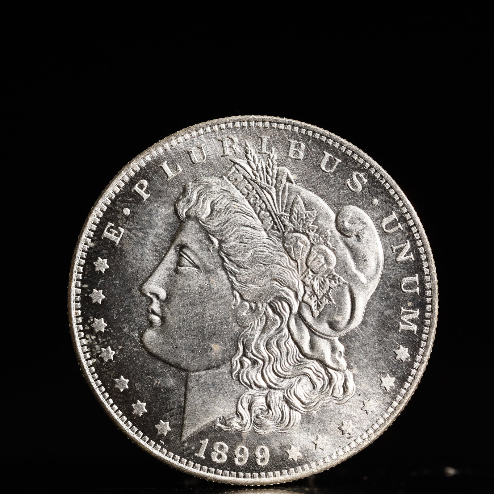 USA Morgan Dollar 1899 Coin: Obv: profile bust with date below and E PLURIBUS UNUM legend and stars around. Rev: eagle with In God we trust above within wreath with UNITED STATES OF AMERICA ONE DOLLAR legend. IN GOD WE TRUST / LI