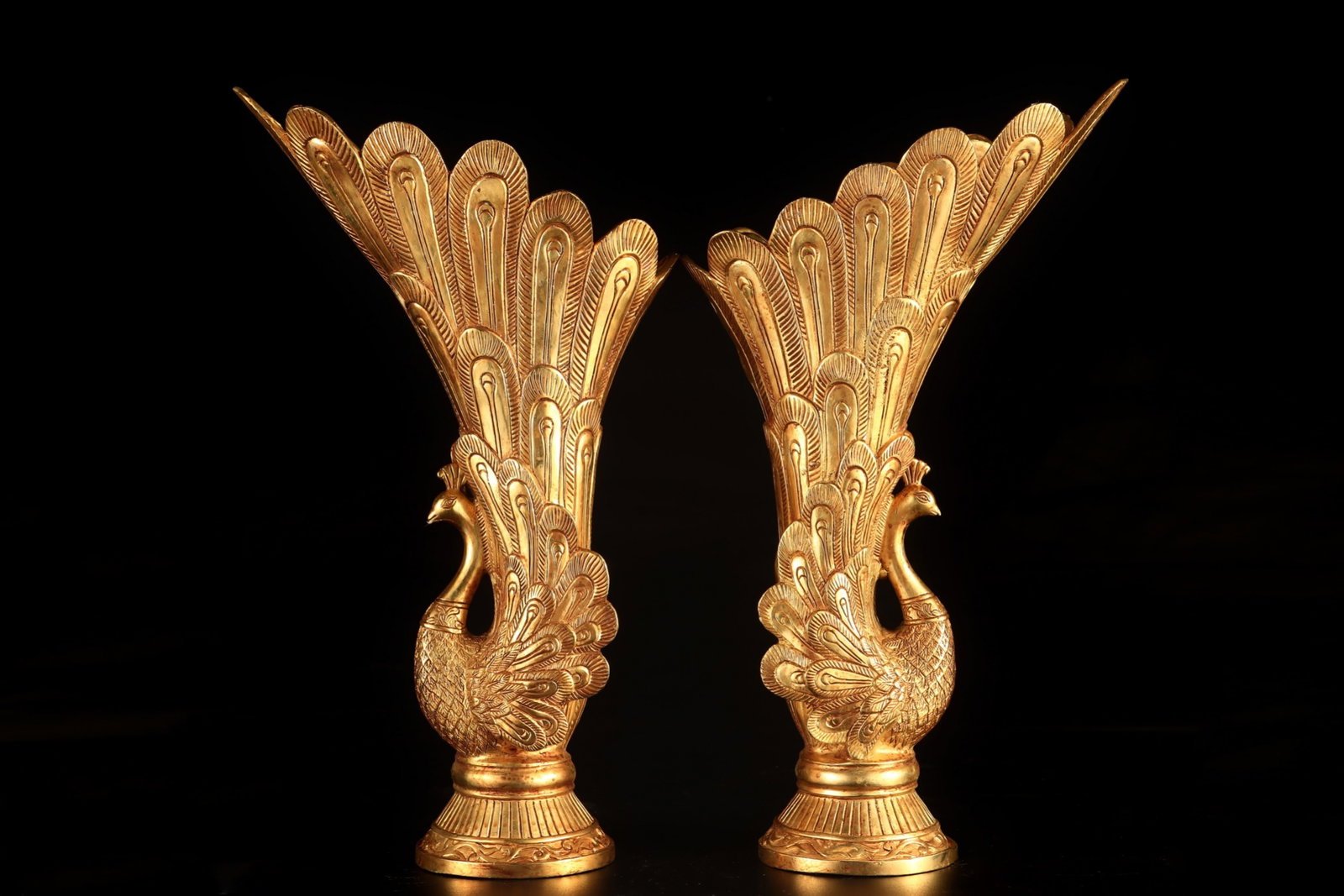 A Pair of Exquisite Gilt Bronze Peacock Goblets: A Pair of Exquisite Gilt Bronze Peacock Goblets,Qing Dynasty, China,Qianlong Four-character Mark,Size:12.4inx7.7in Weight:2272g