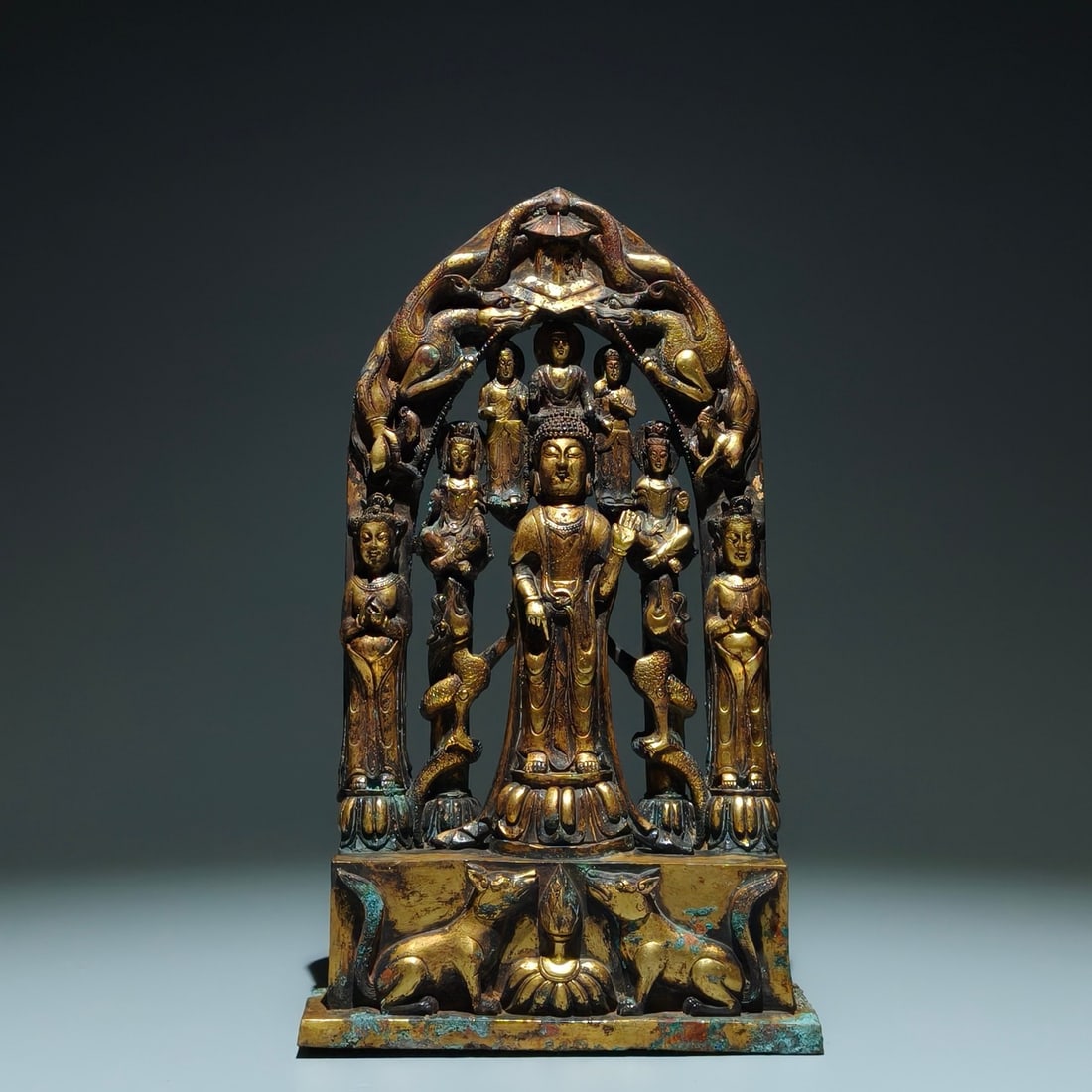 A Solemn Gilt Bronze Statue of Sakyamuni: A Solemn Gilt Bronze Statue of Sakyamuni,Tang Dynasty,China,Size:11.4inx6.7inx2.6in 铜鎏金释迦摩尼像,中国唐代