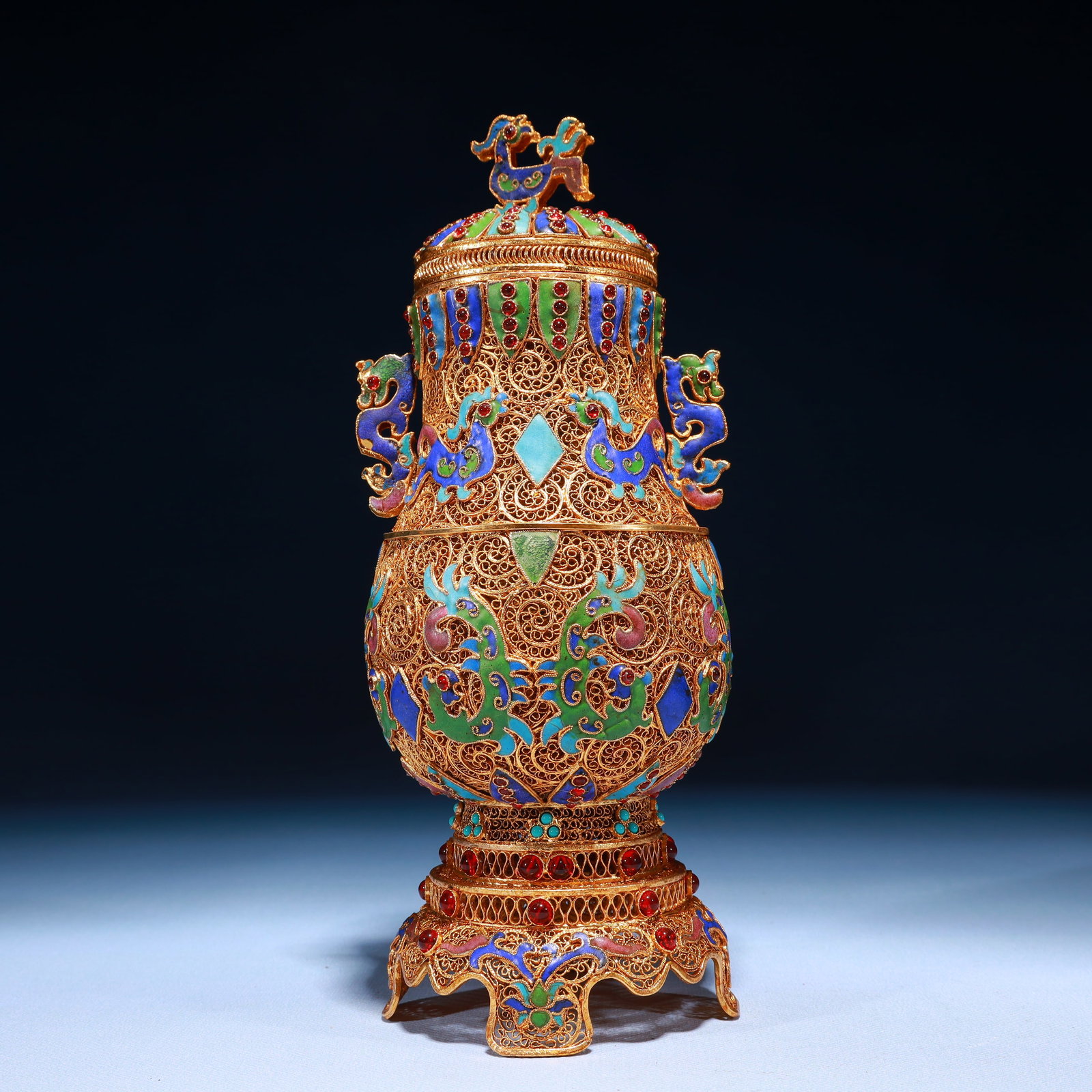 An Exquisite Filigree and Gilding Auspicious Beast Pattern Double-Ears Bottle,Inlaid Gems: An Exquisite Filigree and Gilding Auspicious Beast Pattern Double-Ears Bottle,Inlaid Gems,Qing Dynasty,China,Qianlong Four-character Mark,Size:3.9inx9.8in,Weight:600g