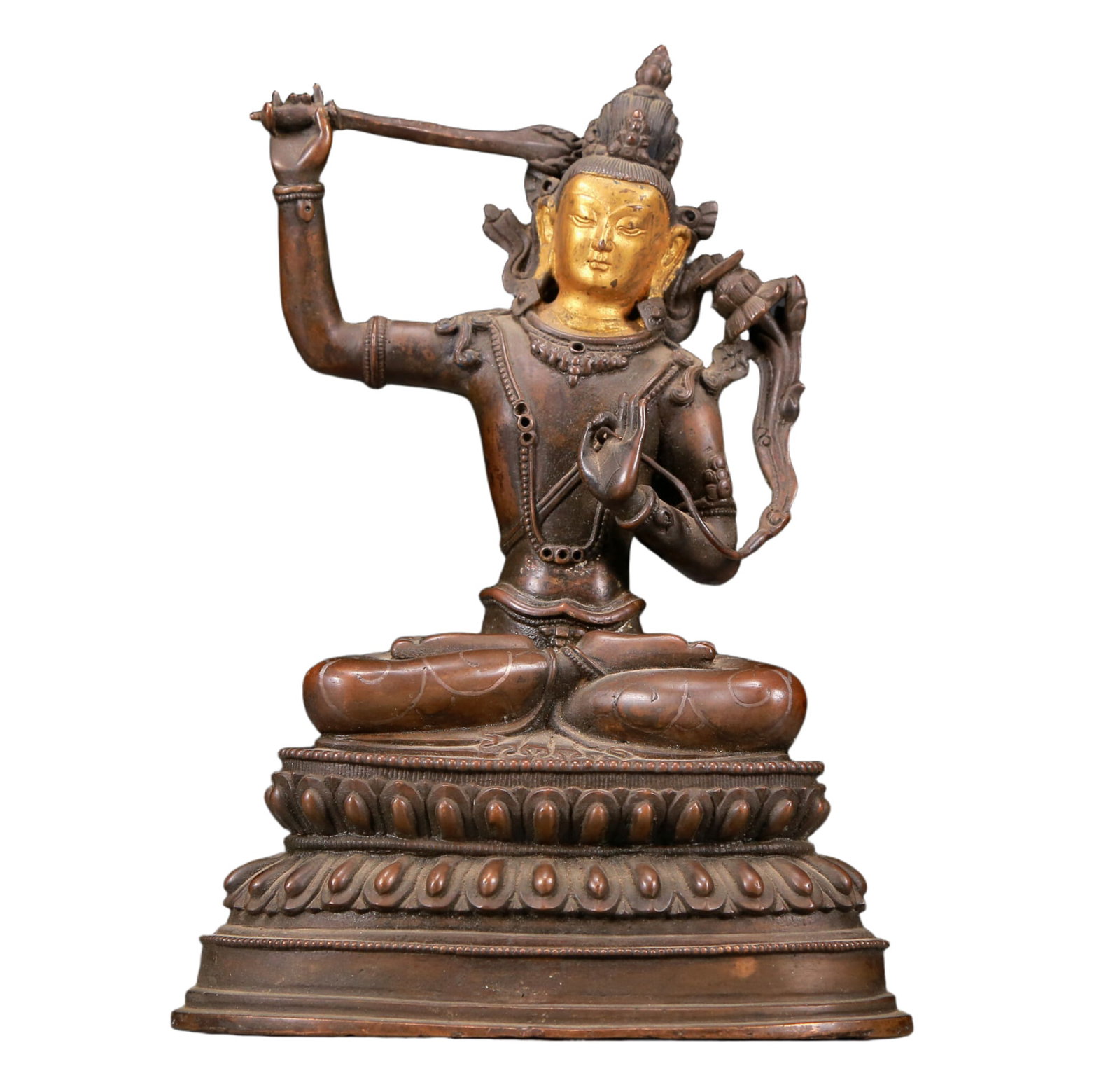 A Solemn Gilt Bronze Statue of Manjusri: A Solemn Gilt Bronze Statue of Manjusri,Ming Dynasty, China,Size:6.3inx4.1inx9.4in,Weight:1985g 铜鎏金文殊菩萨像，明代