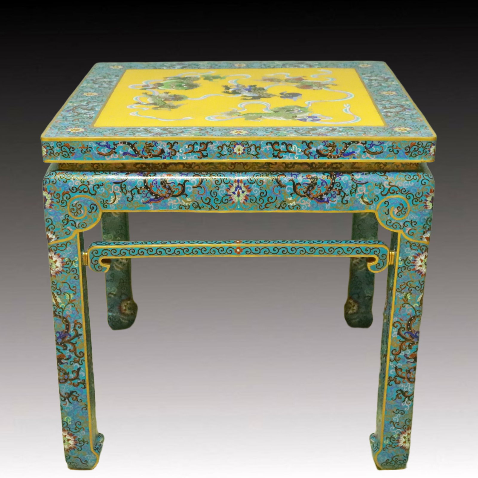 A Huge Cloisonne Lotus and Lion Pattern Table: A Huge Cloisonne Lotus and Lion Pattern Table,Qing Dynasty, China,Size:31.5inx31.9in 景泰蓝缠枝莲狮纹桌,中国清代