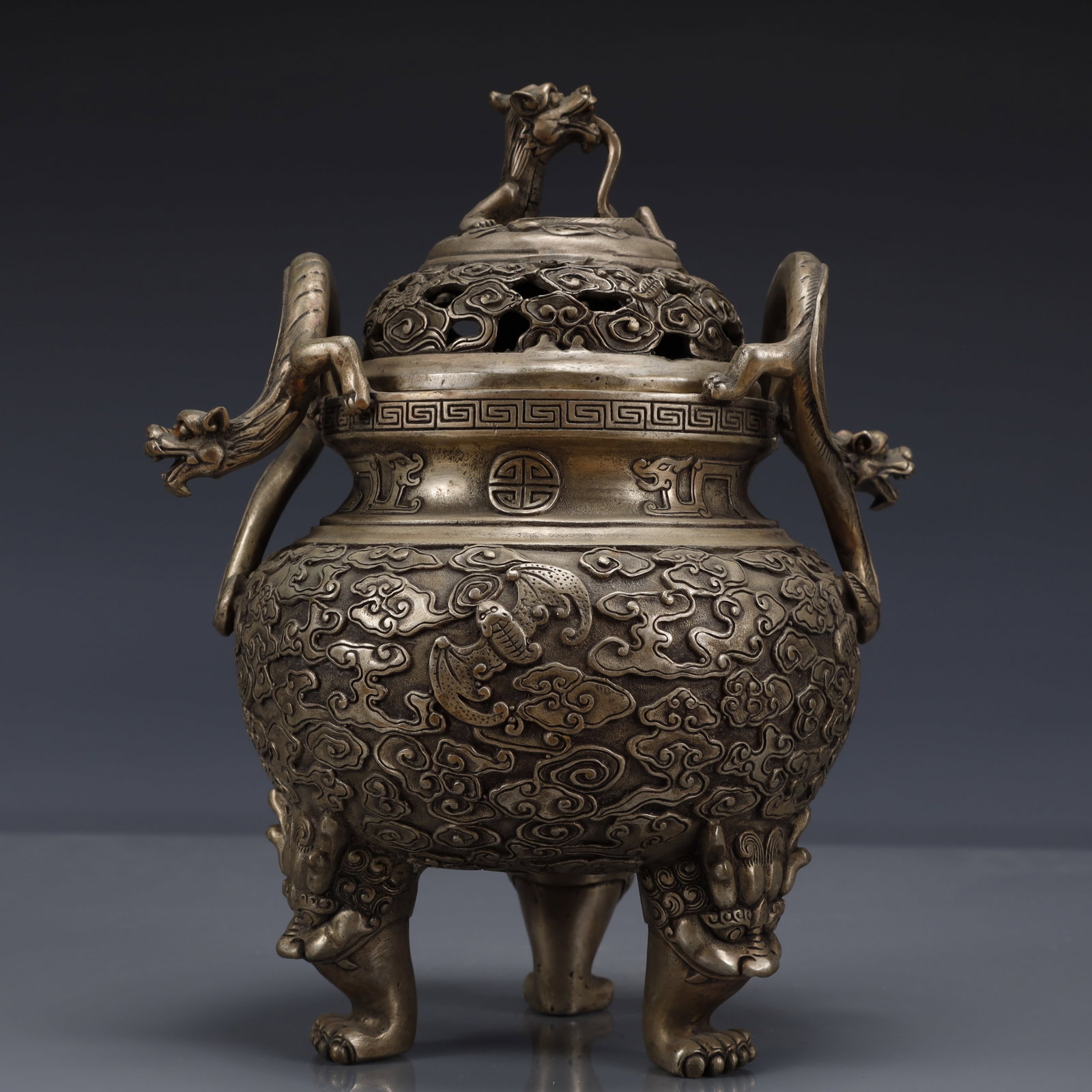 An Exquisite Silver-Plated Bronze Bats Pattern Double-Ears and Tripod Censer: An Exquisite Silver-Plated Bronze Bats Pattern Double-Ears and Tripod Censer,Qing Dynasty, China,Qianlong Four-character Mark,Size:6.7inx5.9inx9.4in,Weight:2100g 铜镀银蝙ඉ