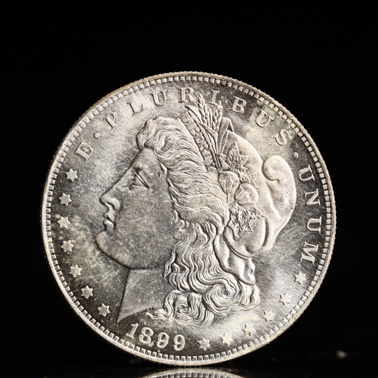 USA Morgan Dollar 1899 Coin: Obv: profile bust with date below and E PLURIBUS UNUM legend and stars around. Rev: eagle with In God we trust above within wreath with UNITED STATES OF AMERICA ONE DOLLAR legend. IN GOD WE TRUST / LI