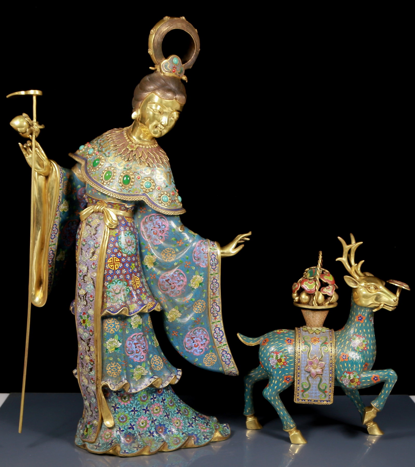 A Huge Cloisonne Inlaid Gems Figure and Deer Ornament: A Huge Cloisonne Inlaid Gems Figure and Deer Ornament,Qing Dynasty, China,Qianlong Six-character Mark,Size:18.5inx8.7inx34.6in,Total Weight:37.10kg 景泰蓝嵌宝石