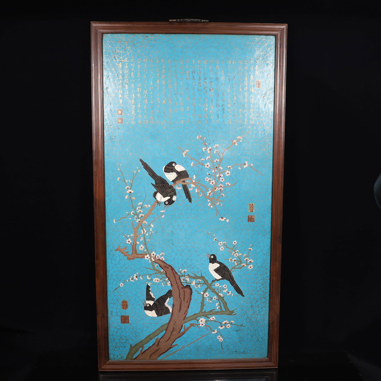 A Huge Boxwood Inlaid Cloisonne Flower and Bird Pattern Hanging Panel,With Poem: A Huge Boxwood Inlaid Cloisonne Flower and Bird Pattern Hanging Panel,With Poem,Qing Dynasty, China,Size:26inx52.4in,Weight:19750g 黄杨木镶景泰蓝花Ɣ