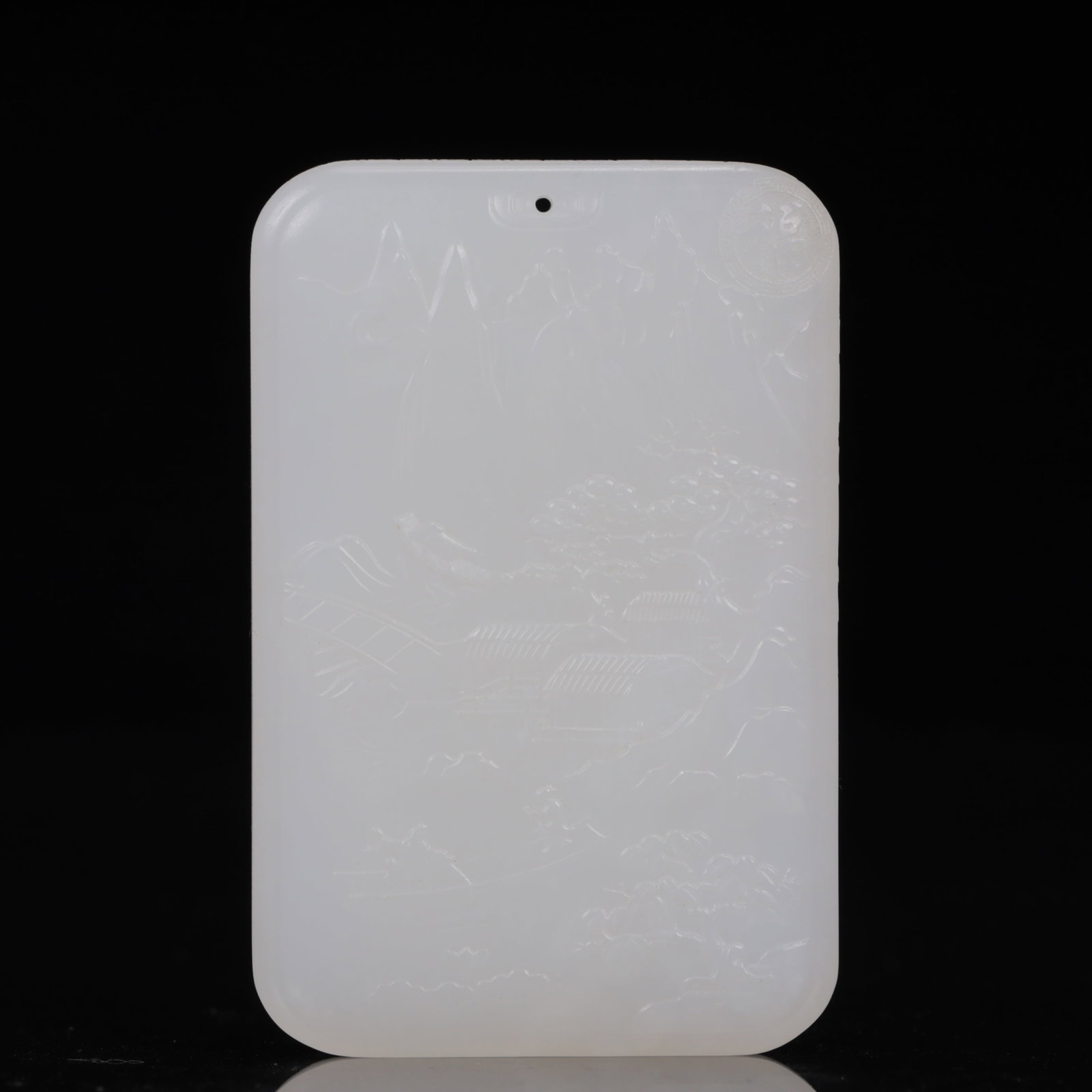 An Exquisite White Jade Landscape and Figure Pattern Pendant: An Exquisite White Jade Landscape and Figure Pattern Pendant,Qing Dynasty, China,Size:1.8inx0.4inx2.8in,Weight:97g 白玉山水人物纹牌,中国