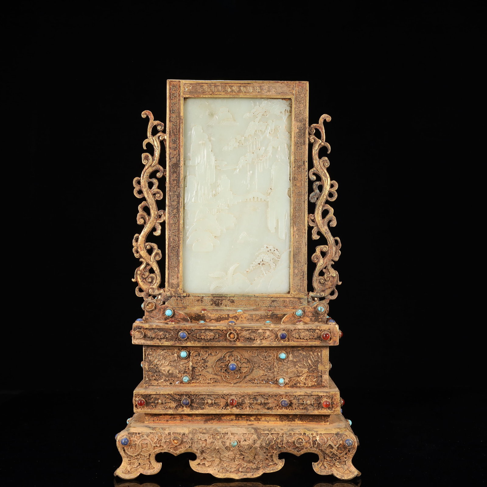 An Exquisite Gilt Bronze Inlaid White Jade Landscape and Figure Pattern Table Screen,Inlaid Gems and (1 of 13)