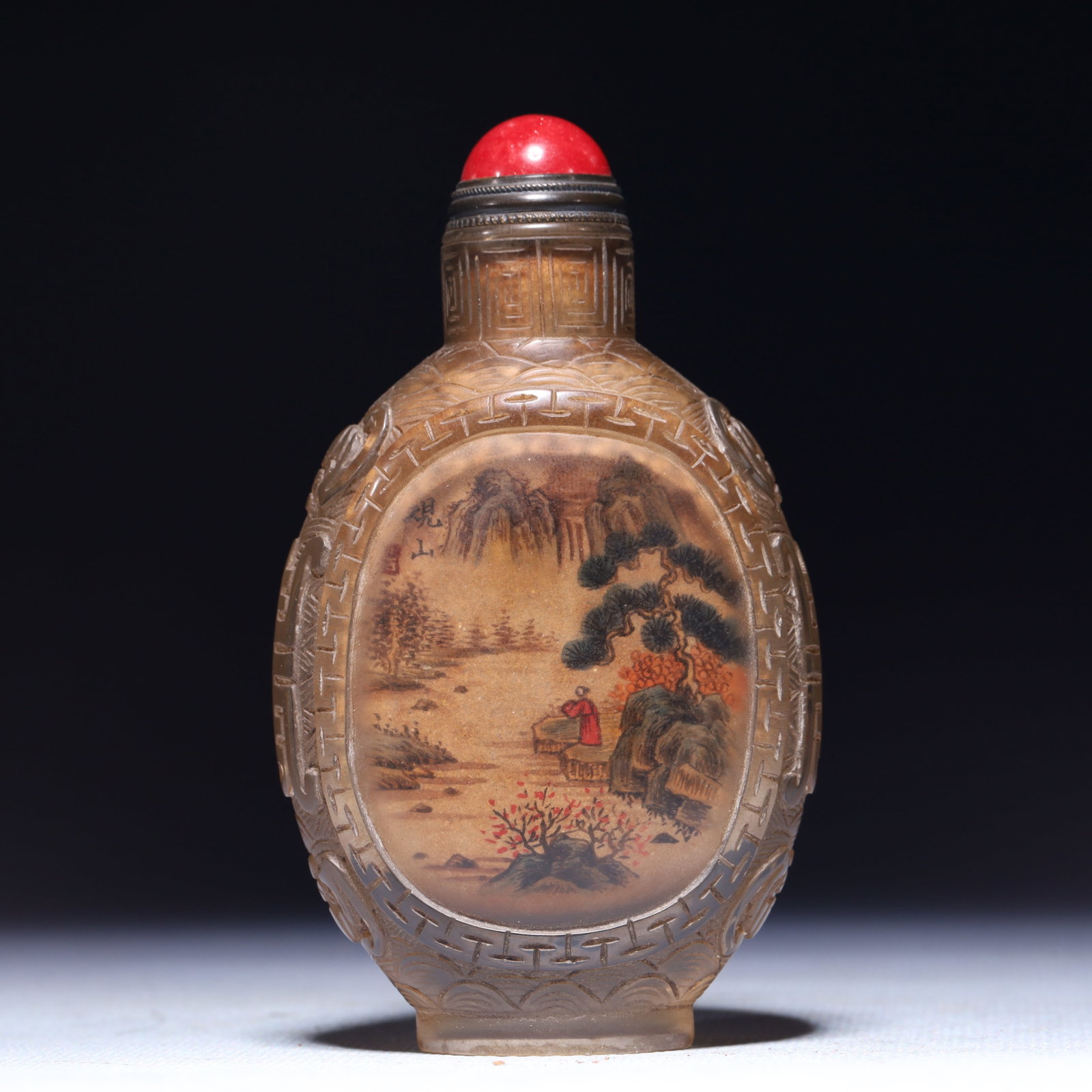 An Exquisite Glass Landscape and Figure Pattern Snuff Bottle: An Exquisite Glass Landscape and Figure Pattern Snuff Bottle,Qing Dynasty,China,Size:2.2inx1inx3.7in,Weight:123.7g 琉璃山水人物纹鼻烟壶,