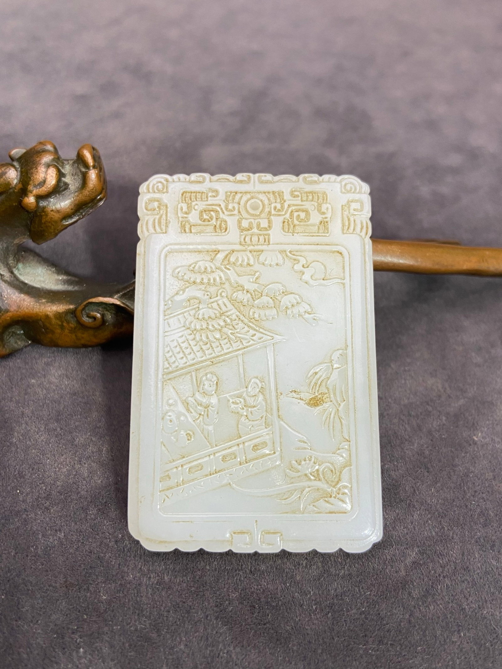 An Exquisite White Jade Landscape and Figure Pattern Pendant,with poem: An Exquisite White Jade Landscape and Figure Pattern Pendant,with poem,Qing Dynasty,China,Size:2.2inx1.4inx0.2in,Weight:30g