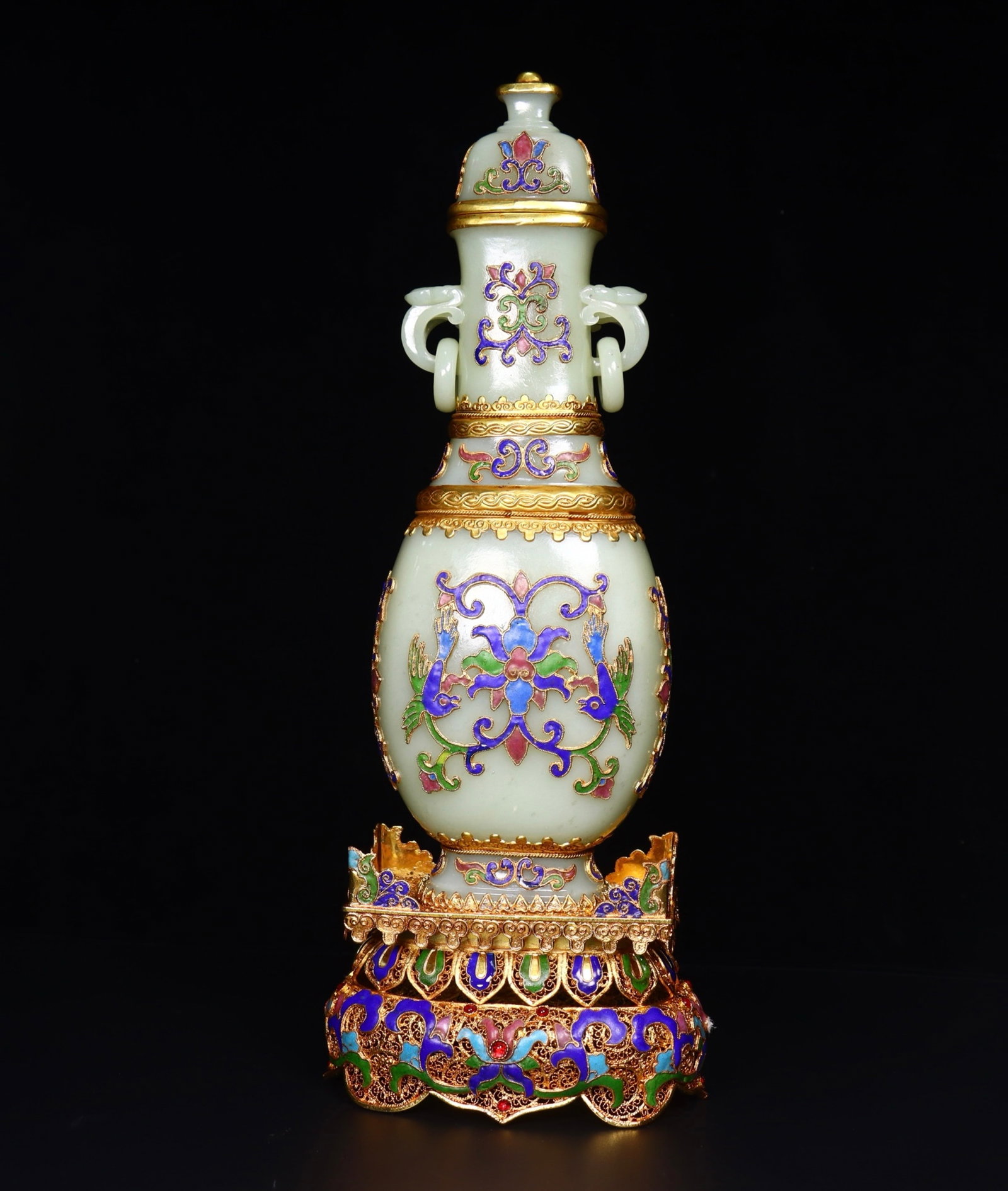 An Exquisite Cloisonne Inlaid White Jade Flower and Bird Pattern Bottle: An Exquisite Cloisonne Inlaid White Jade Flower and Bird Pattern Bottle,Qing Dynasty,China,Qianlong Four-Character Mark,Size:13.9inx5.1inx3in,Weight:1041g