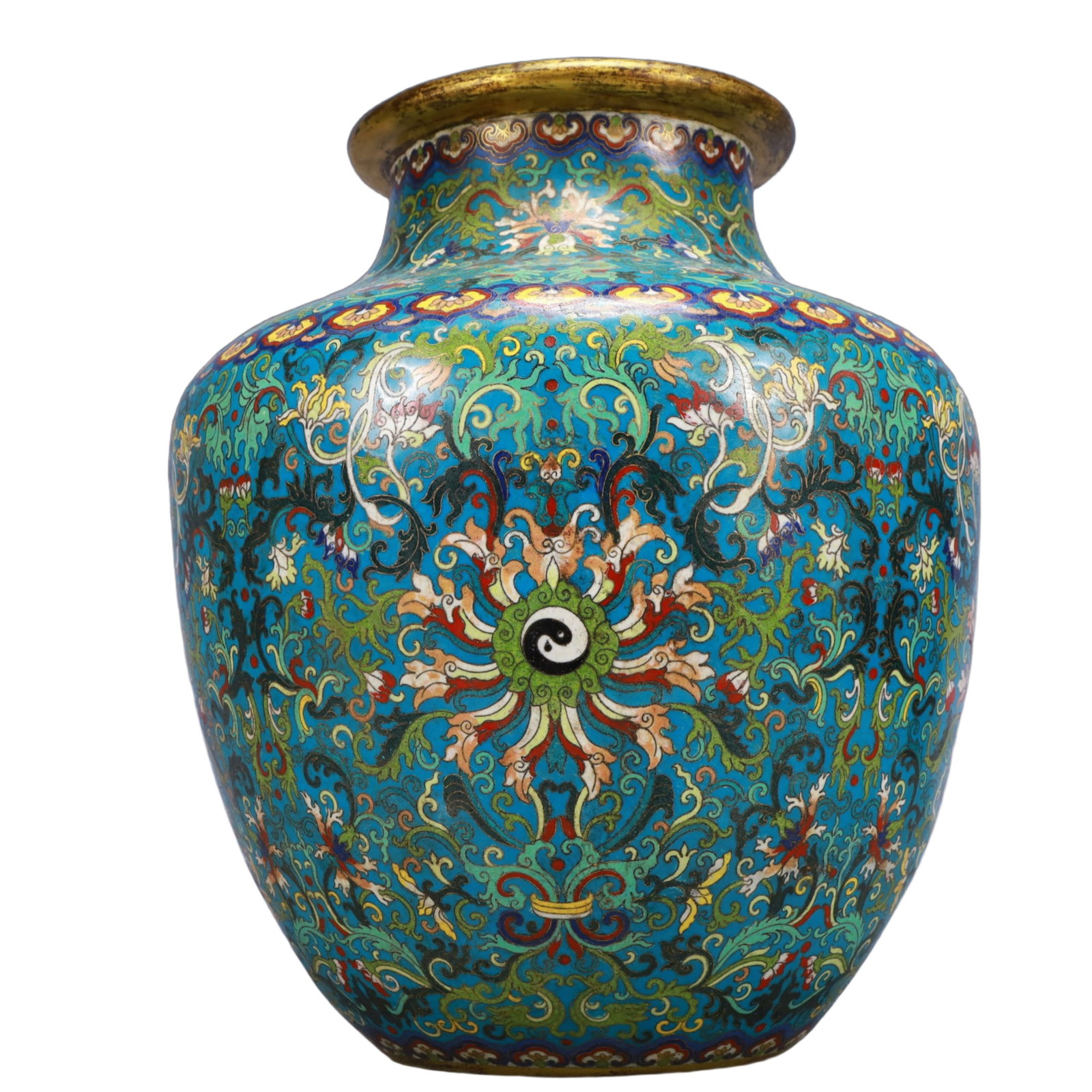 A Huge Cloisonne Lotus and Trigram Pattern Jar: A Huge Cloisonne Lotus and Trigram Pattern Jar,Qing Dynasty, China,Qianlong Four-character Mark,Size:12.6inx16.5in,Weight:6900g