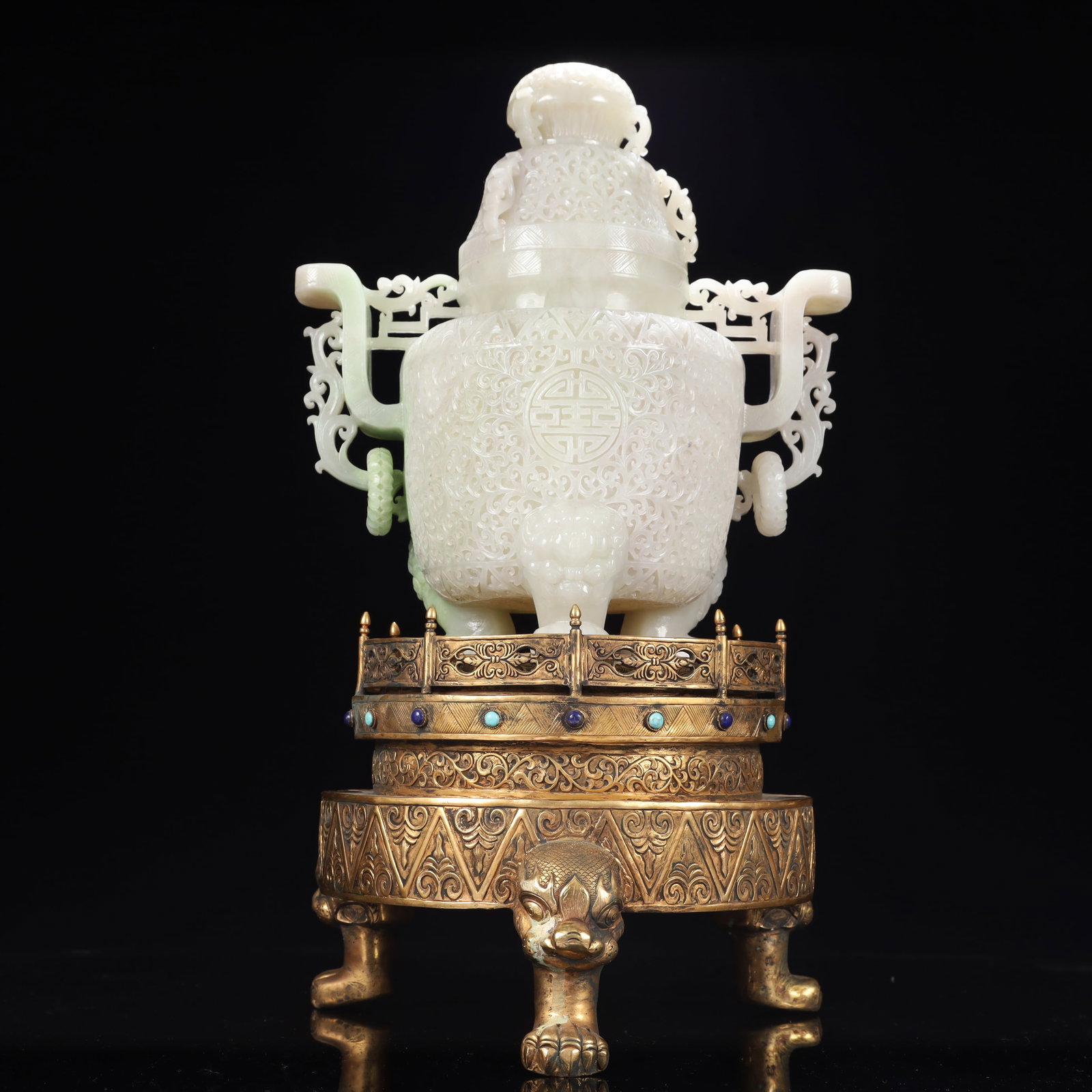 A Rare White Jade Shou-Character Flower Pattern Double-Ears and Tripod Censer,With Gilt Bronze: A Rare White Jade Shou-Character Flower Pattern Double-Ears and Tripod Censer,With Gilt Bronze Tripod Base,Inlaid Gems,Qing Dynasty, China,Qianlong Four-character Mark,Size:10.2inx5.9inx11.8in,(Base)9