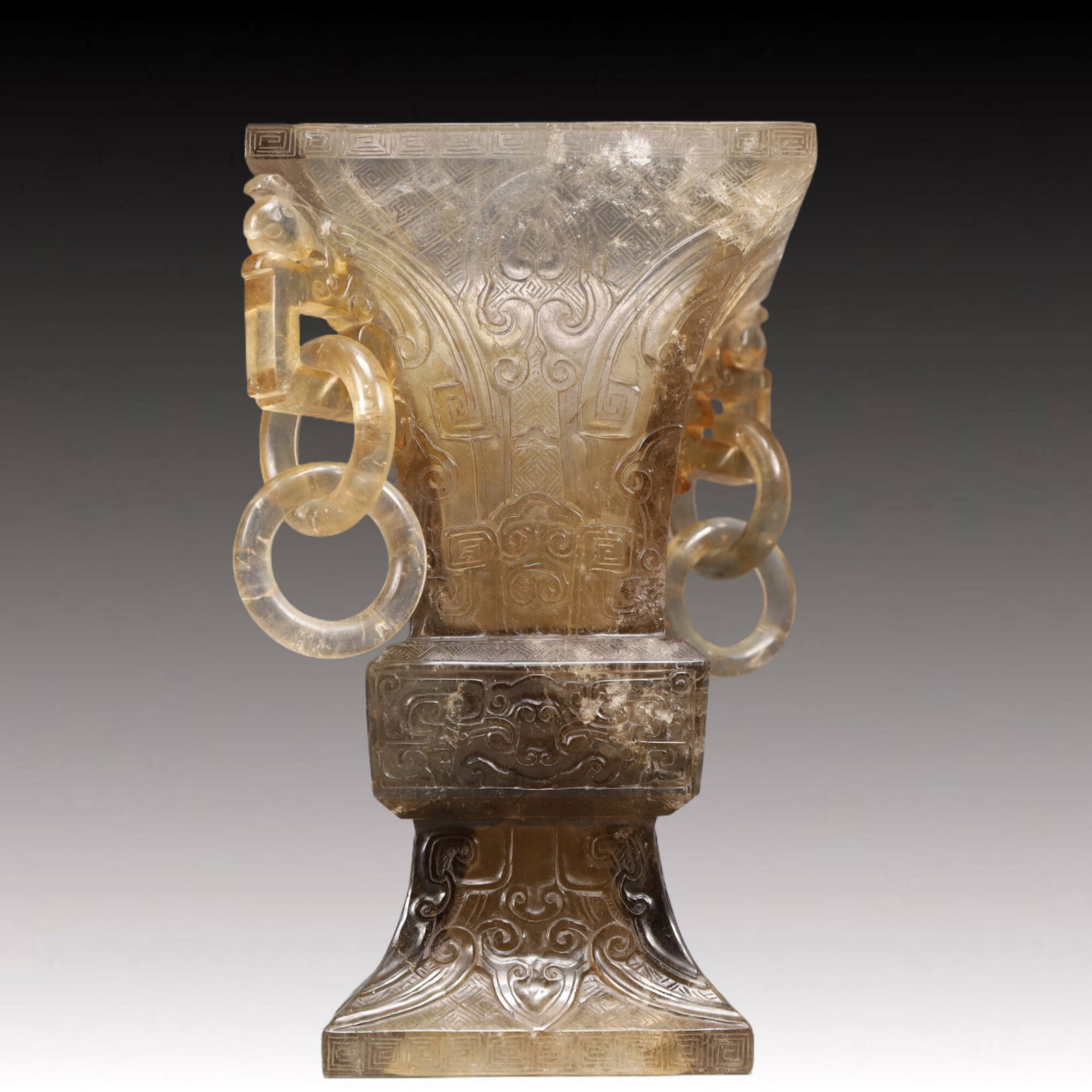 An Exquisite Crystal Beast-Face Pattern Double-Ears Cup: An Exquisite Crystal Beast-Face Pattern Double-Ears Cup,Qing Dynasty, China,Size:4.1inx6.9in Weight:1150g