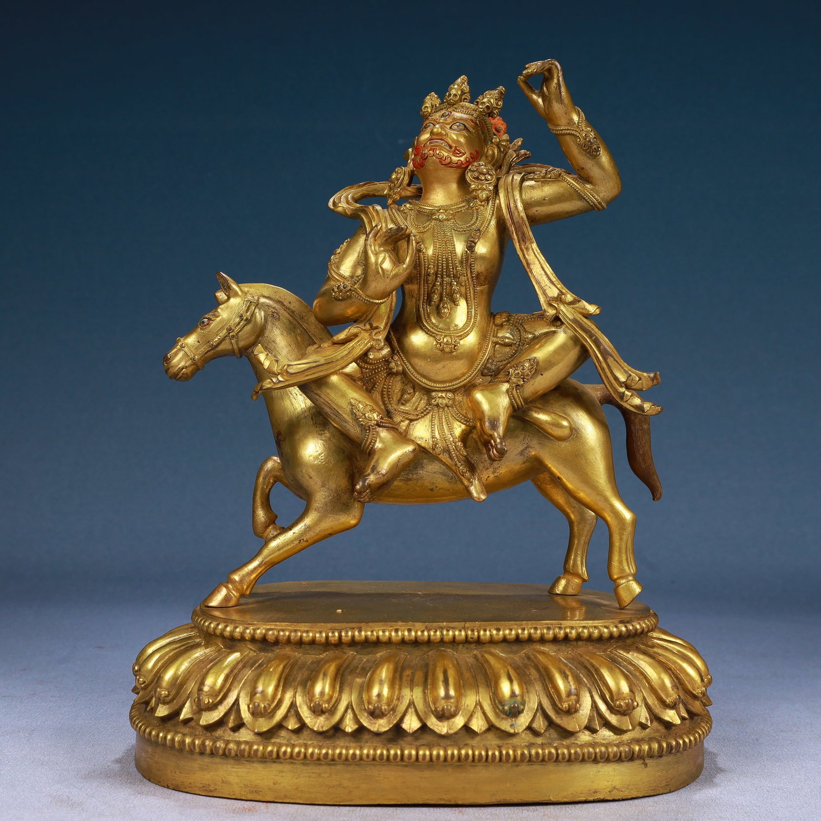 A Solemn Gilt Bronze Statue of Mammon Rides the Horse: A Solemn Gilt Bronze Statue of Mammon Rides the Horse,Qing Dynasty, China,Size:8.3inx5.1inx10.2in,Weight:4800g
