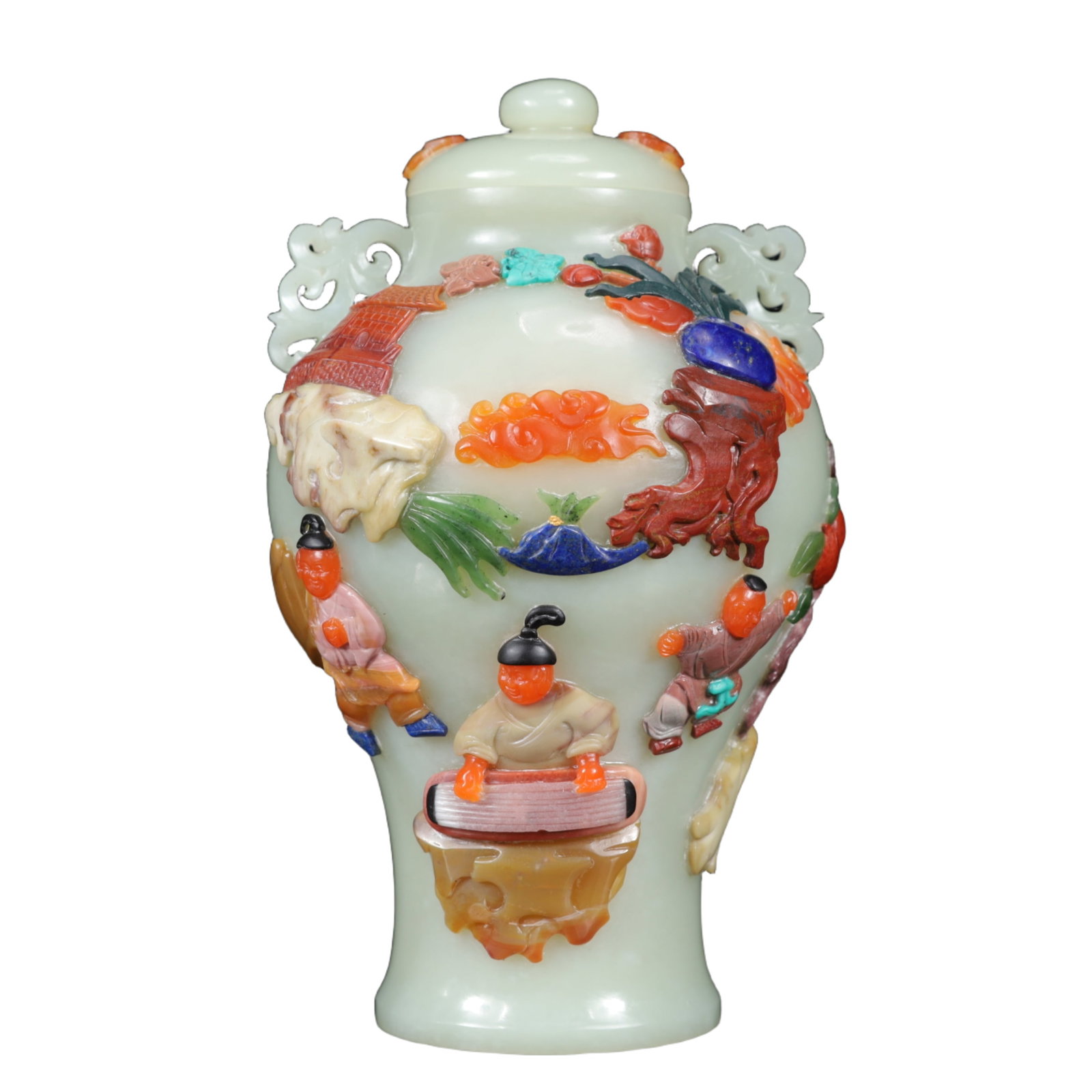 An Exquisite White Jade Inlaid Gems Figure Pattern Double-Ears Jar (1 of 13)