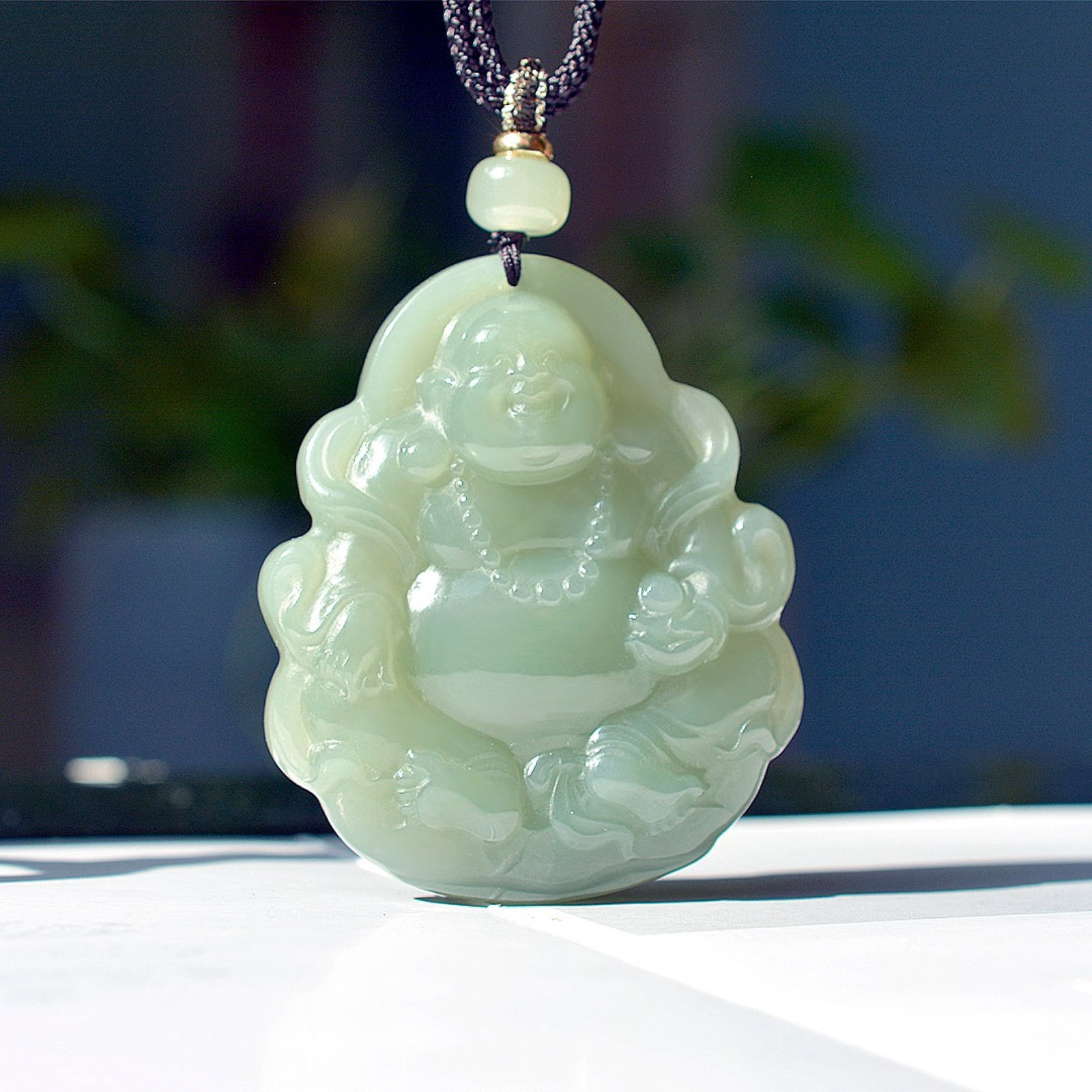 An Exquisite Greenish Jade Statue of Maitreya Buddha Pendant (1 of 4)