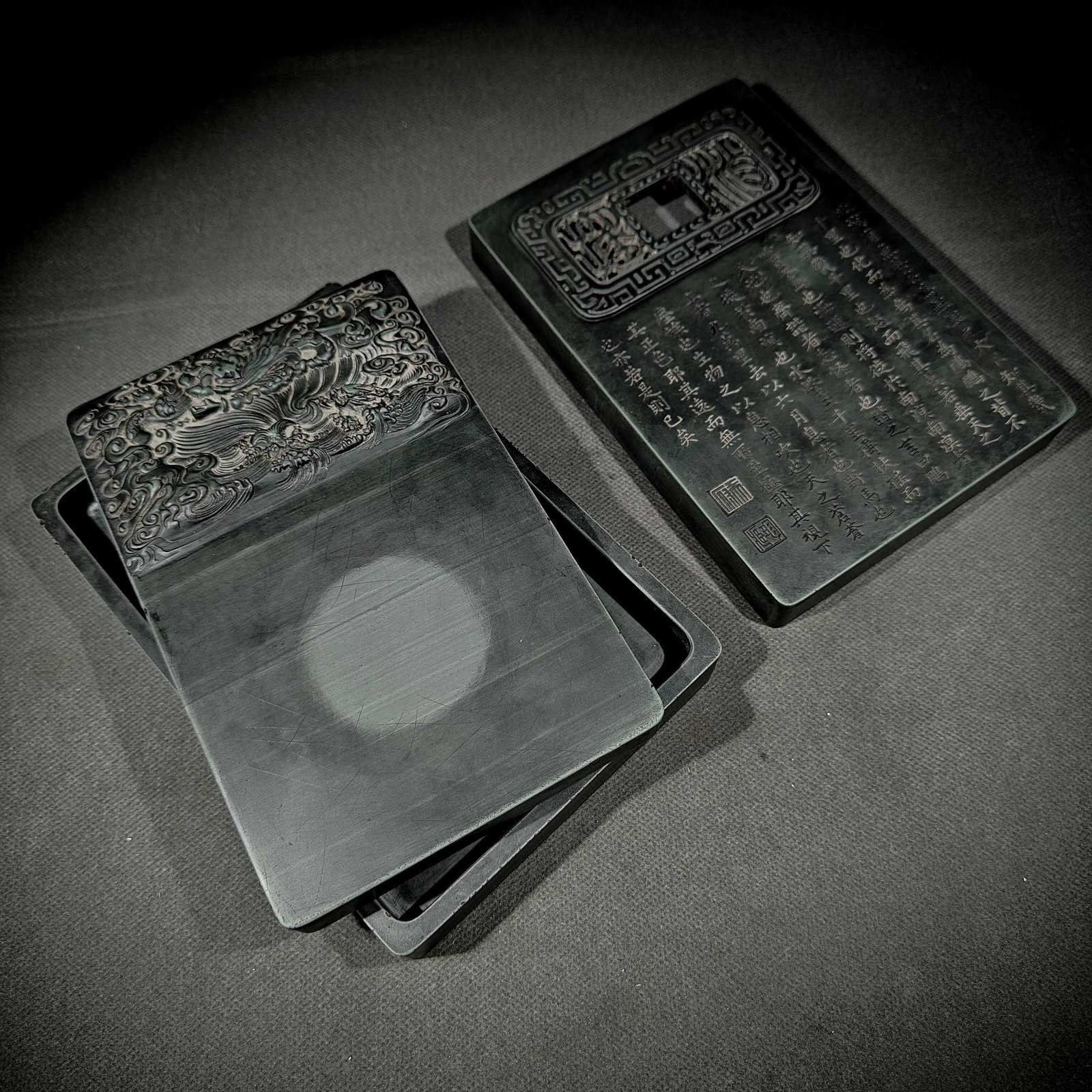 An Exquisite Auspicious Beast Pattern Inkstone,With Poem: An Exquisite Auspicious Beast Pattern Inkstone,With Poem,Qing Dynasty, China,Kangxi Four-character Mark,Size:(Inkstone)6.8in,x4.5inx1in,(Box)7.2inx5inx1.9in 瑞兽纹砚台,&#
