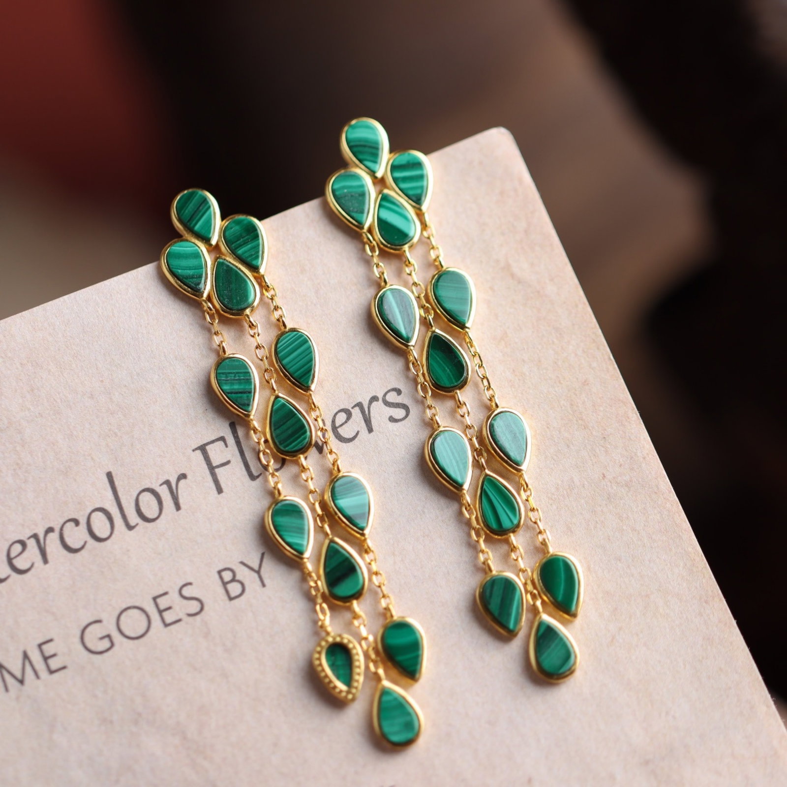 A Pair of Exquisite Sterling Silver-Gold Plated Inlaid???? Earrings: A Pair of Exquisite Sterling Silver-Gold Plated Inlaid孔雀石 Earrings 一对纯银镀金镶孔雀石耳环