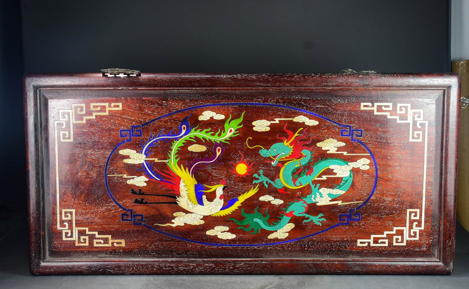 A Huge Huanghuali wood Inlaid Shell Dragon and Phoenix Pattern Hanging Panel: A Huge Huanghuali wood Inlaid Shell Dragon and Phoenix Pattern Hanging Panel,Qing Dynasty,China,Size:17.7inx37.4inx1.4in 黄花梨木镶贝壳龙凤纹