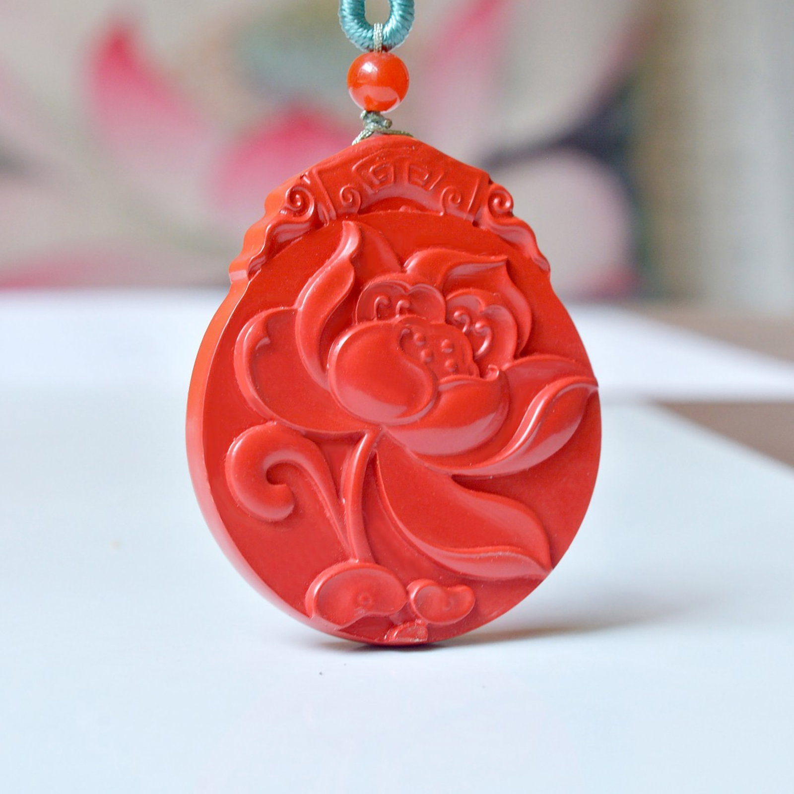 An Exquisite Cinnabar Lotus Pattern Pendant - 4