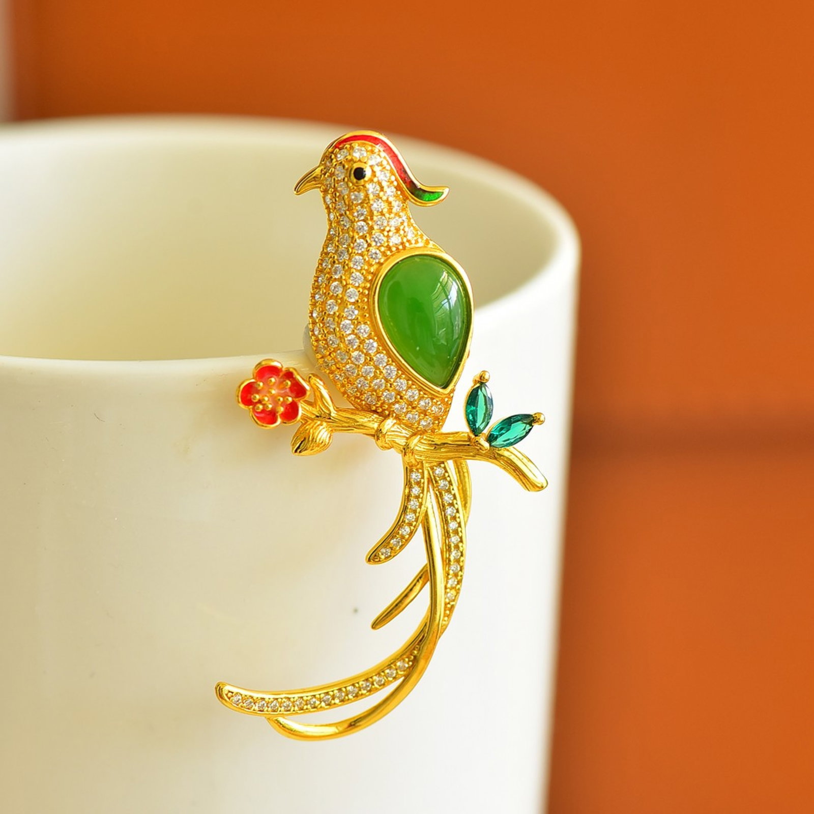 An Exquisite Sterling Silver-Gold Plated Inlaid Jasper Bird Brooch,Inlaid Diamond (1 of 5)