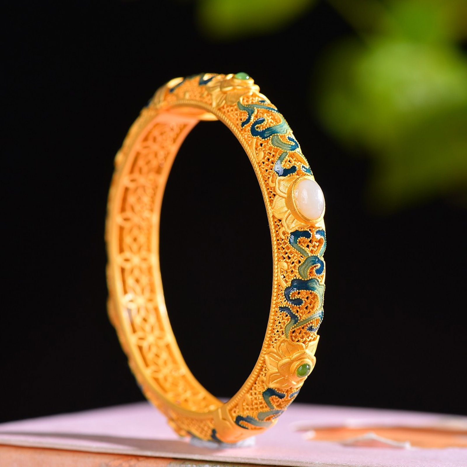 An Exquisite Sterling Silver-Gold Plated Inlaid White Jade Bracelets (1 of 5)