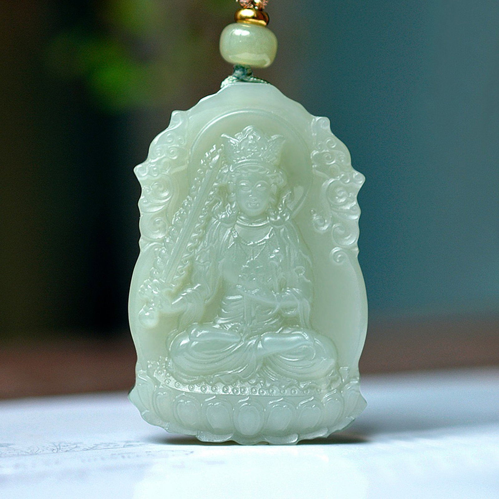An Exquisite Greenish Jade Statue of Bodhisattva Pendant: An Exquisite Greenish Jade Statue of Bodhisattva Pendant,Size:1.3inx2in 青玉菩萨像挂件