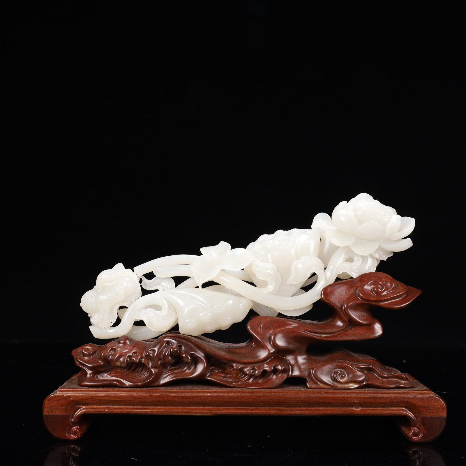 An Exquisite White Jade Lotus Ornament,With Base: An Exquisite White Jade Lotus Ornament,With Base,Qing Dynasty, China,Size:9.4inx1.2inx2.8in,Weight:400g
