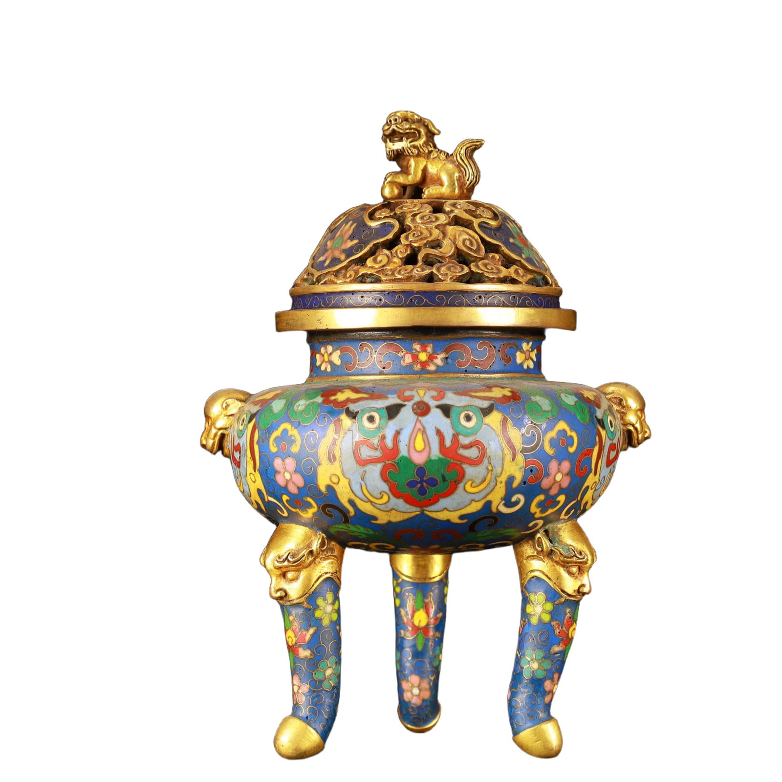 An Exquisite Cloisonne Flower Pattern Beast-Ears Tripod Censer: An Exquisite Cloisonne Flower Pattern Beast-Ears Tripod Censer,(A type of enamelware with metal wires separating colored glaze, originating in China),Qing Dynasty,China,Qianlong Six-character