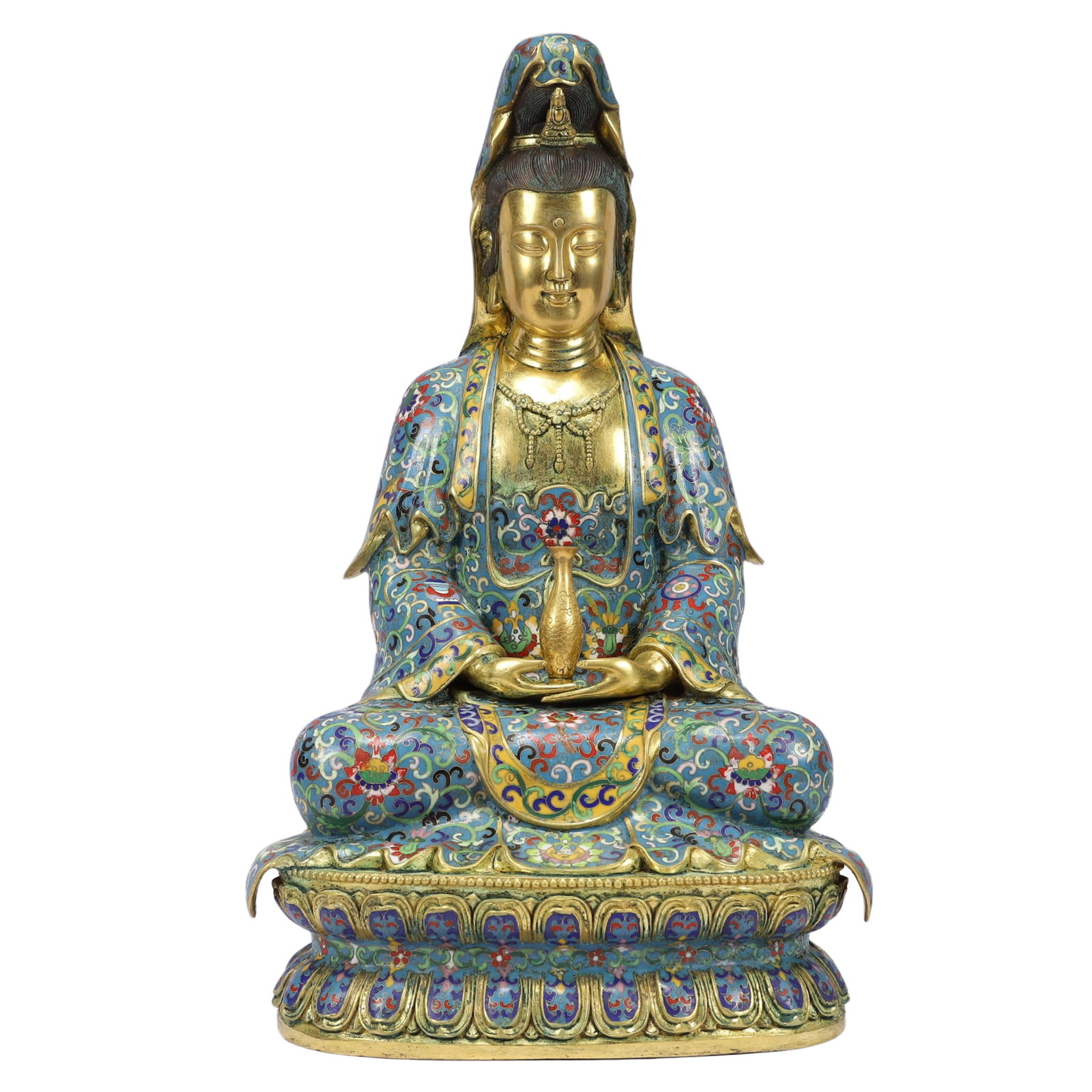 A Huge Cloisonne Lotus Pattern Statue of Avalokitesvara: A Huge Cloisonne Lotus Pattern Statue of Avalokitesvara,Qing Dynasty, China,Size:11inx8.7inx18.9in,Weight:11700g 景泰蓝缠枝莲纹观音像,ߑ