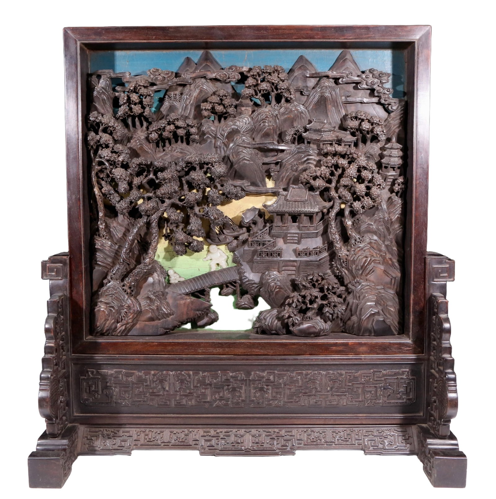 An exquisite zitanwood table screen filled with lacquer, painted with gold and inlaid with white (1 of 10)