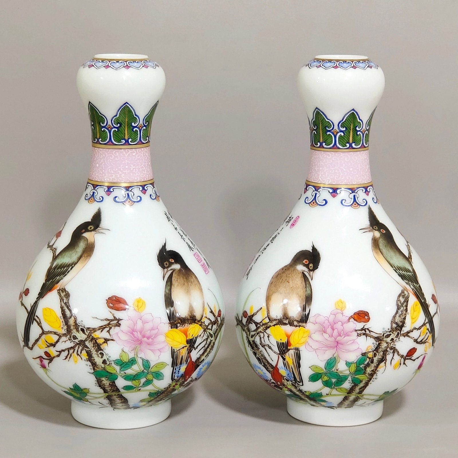 A Pair of Exquisite Enamel Flower and Bird Pattern Vases,With Poem: A Pair of Exquisite Enamel Flower and Bird Pattern Vases,With Poem,Qing Dynasty,China,Qianlong Four-character Mark,Size:6.9inx3.9in 一对珐琅彩花鸟纹
