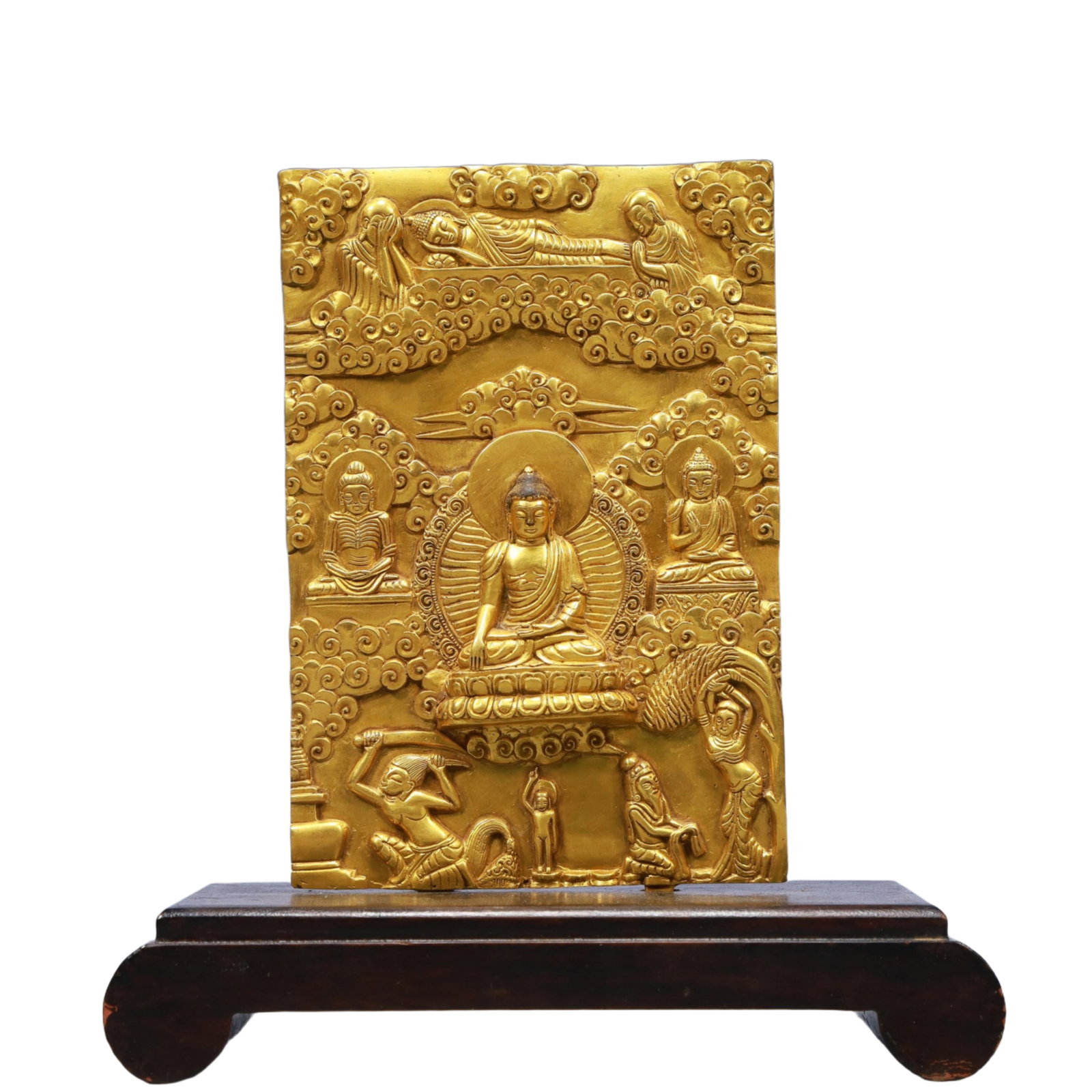 An Exquisite Gilt Bronze Buddha Statue Screen, With Inscription: An Exquisite Gilt Bronze Buddha Statue Screen, With Inscription,Qing Dynasty, China,Size:4.7inx6.9in,Weight:1300g 铜鎏金佛像屏风,带铭文,