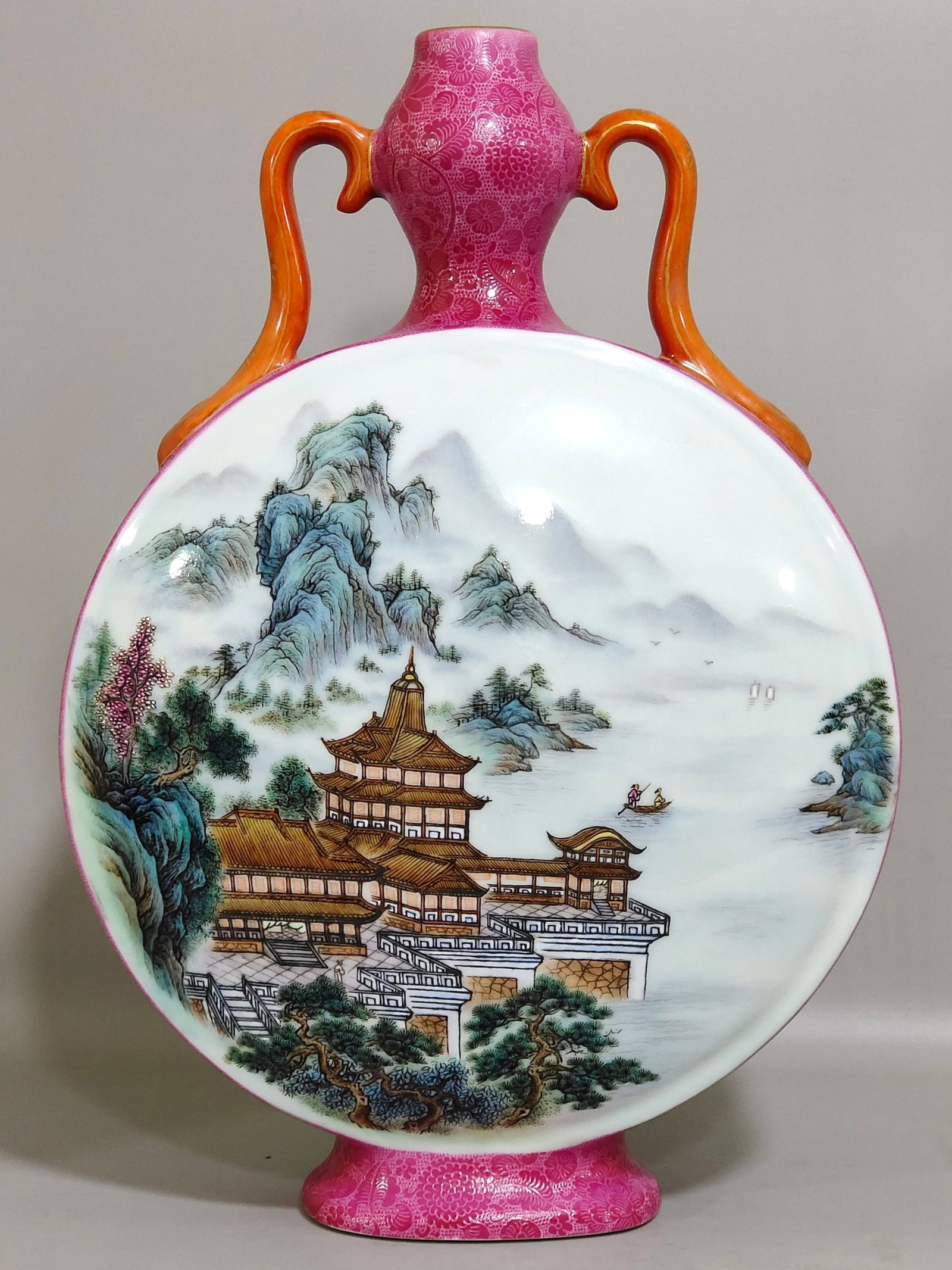 A Rare Ruby Red-Glazed Famille-Rose Painted Gold Landscape and Figure Pattern Double-Ears Vase: A Rare Ruby Red-Glazed Famille-Rose Painted Gold Landscape and Figure Pattern Double-Ears Vase,Qing Dynasty,China,Qianlong Six-character Mark,Size:13inx8.7in 胭脂红釉粉&#