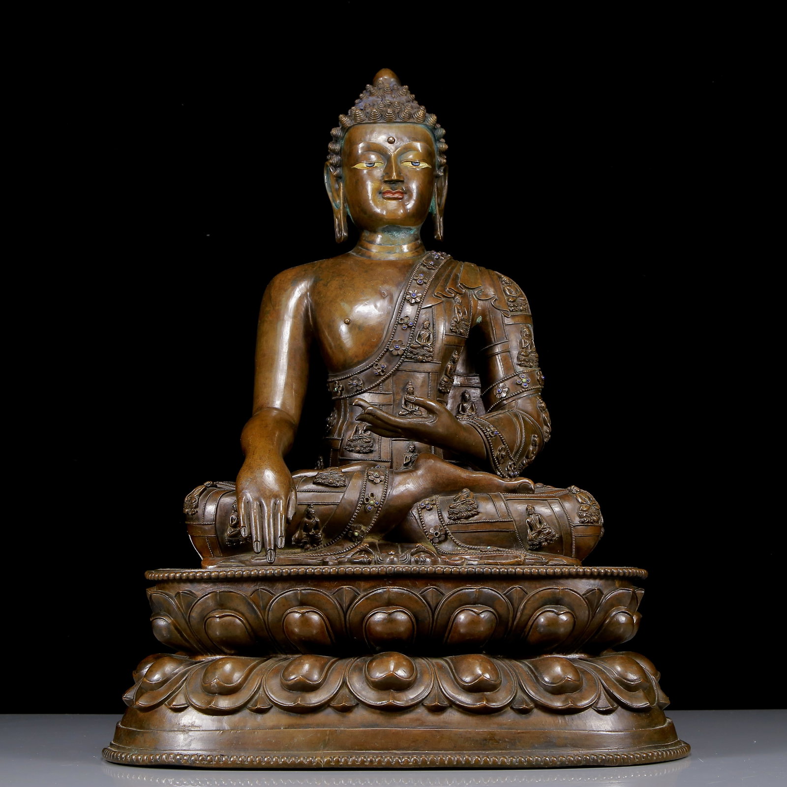 A Solemn Bronze Inlaid Gems Statue of Sakyamuni,With Inscription (1 of 13)