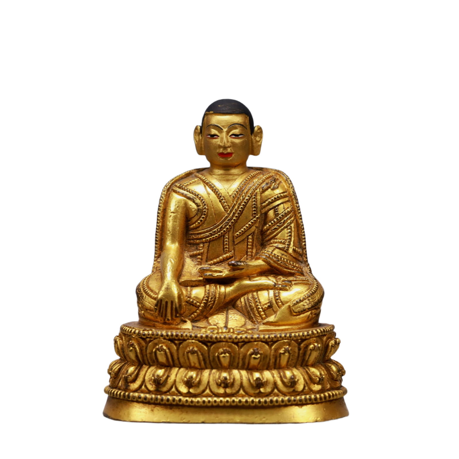 A Solemn Gilt Bronze Statue of Guru: A Solemn Gilt Bronze Statue of Guru,Qing Dynasty, China,Size:2.6inx2inx3.7inWeight:350g 铜鎏金上师像,中国清代