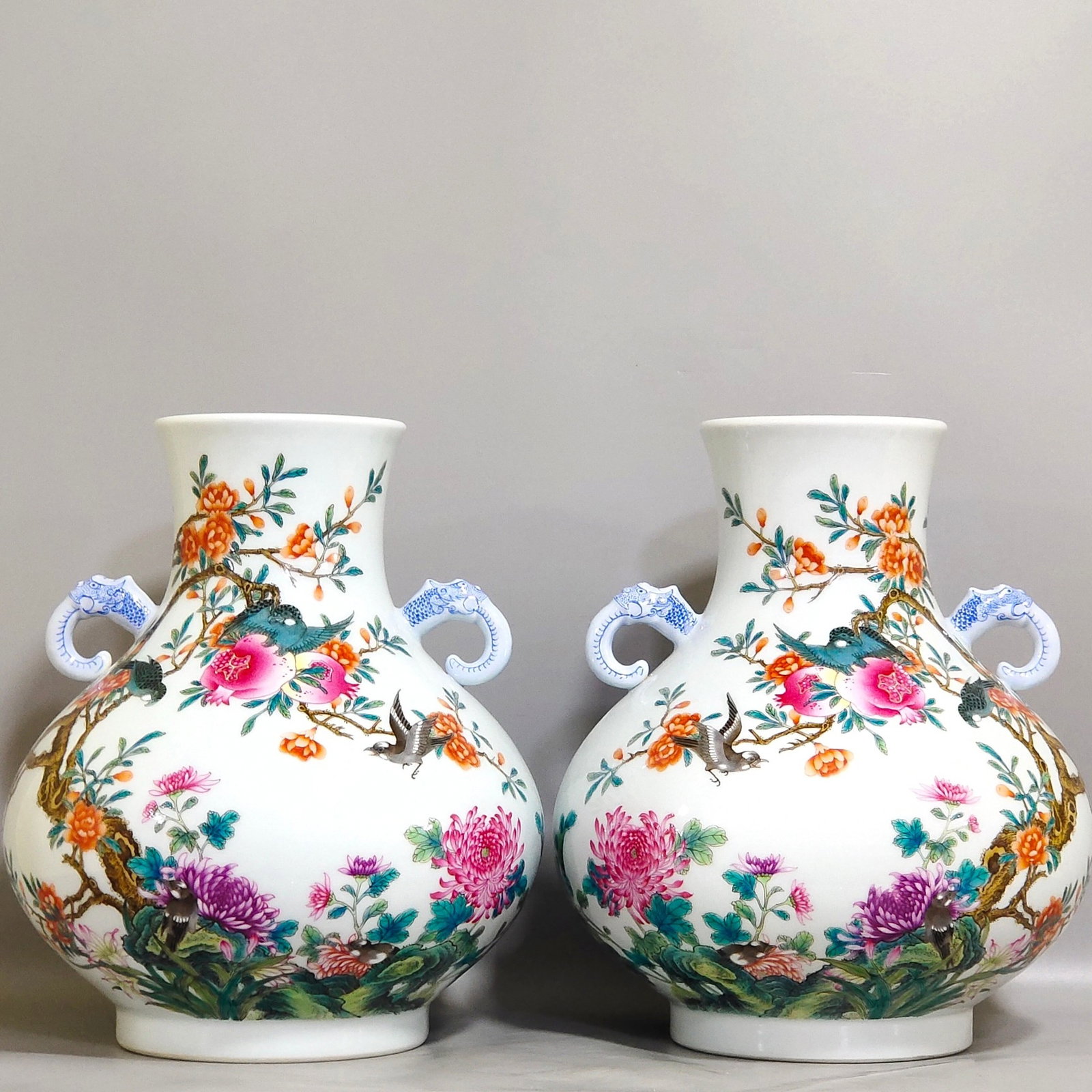 A Pair of Exquisite Famille-Rose Pomegranate,Flower and Bird Pattern Elephant-Ears Vases,With Poem: A Pair of Exquisite Famille-Rose Pomegranate,Flower and Bird Pattern Elephant-Ears Vases,With Poem,Qing Dynasty,China,Yongzheng Six-character Mark,Size:10.6inx8.7in 一对粉彩