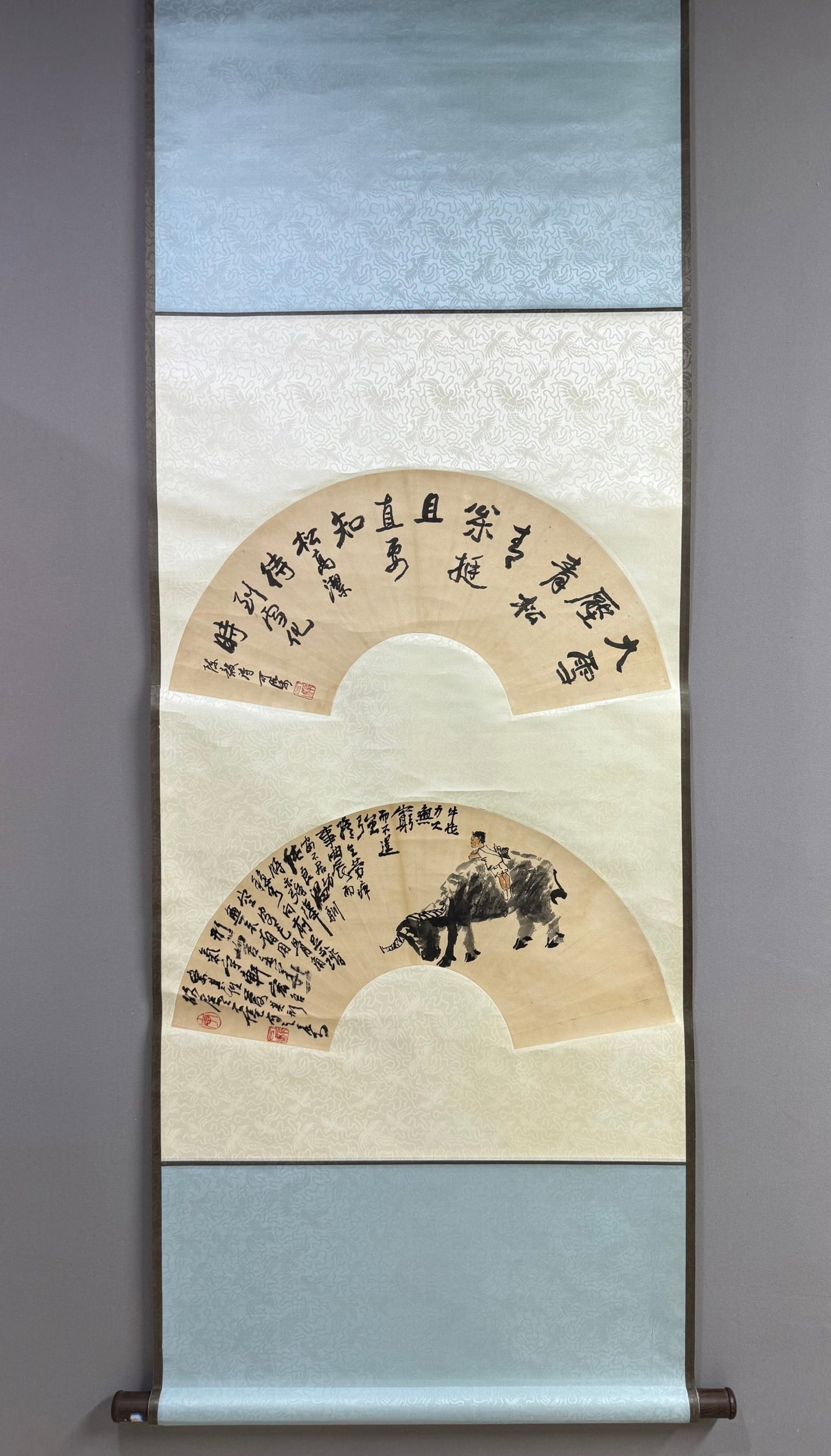 A Chinese Vertical Scroll Ink Painting of Figure and Buffalo on Paper,Li Keran: A Chinese Vertical Scroll Ink Painting of Figure and Buffalo on Paper,Li Keran,Size:8.3inx25.2in 一幅中国水墨人物牛图立轴,੔