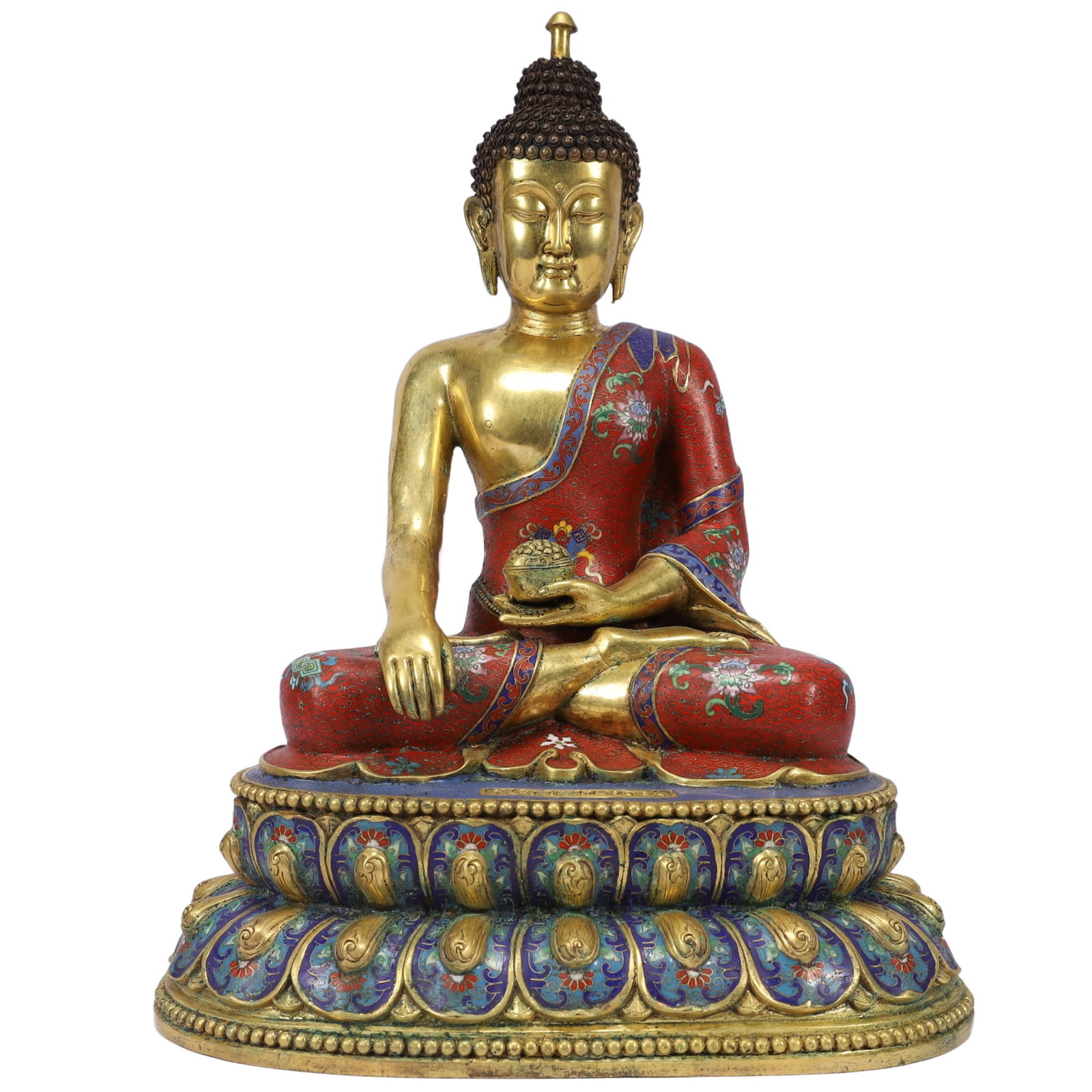 A Huge Cloisonne Lotus Pattern Statue of Sakyamuni: A Huge Cloisonne Lotus Pattern Statue of Sakyamuni,Qing Dynasty, China,Qianlong Six-character Mark,Size:12.6inx9.1inx16.5in,Weight:8000g 景泰蓝缠枝莲纹如