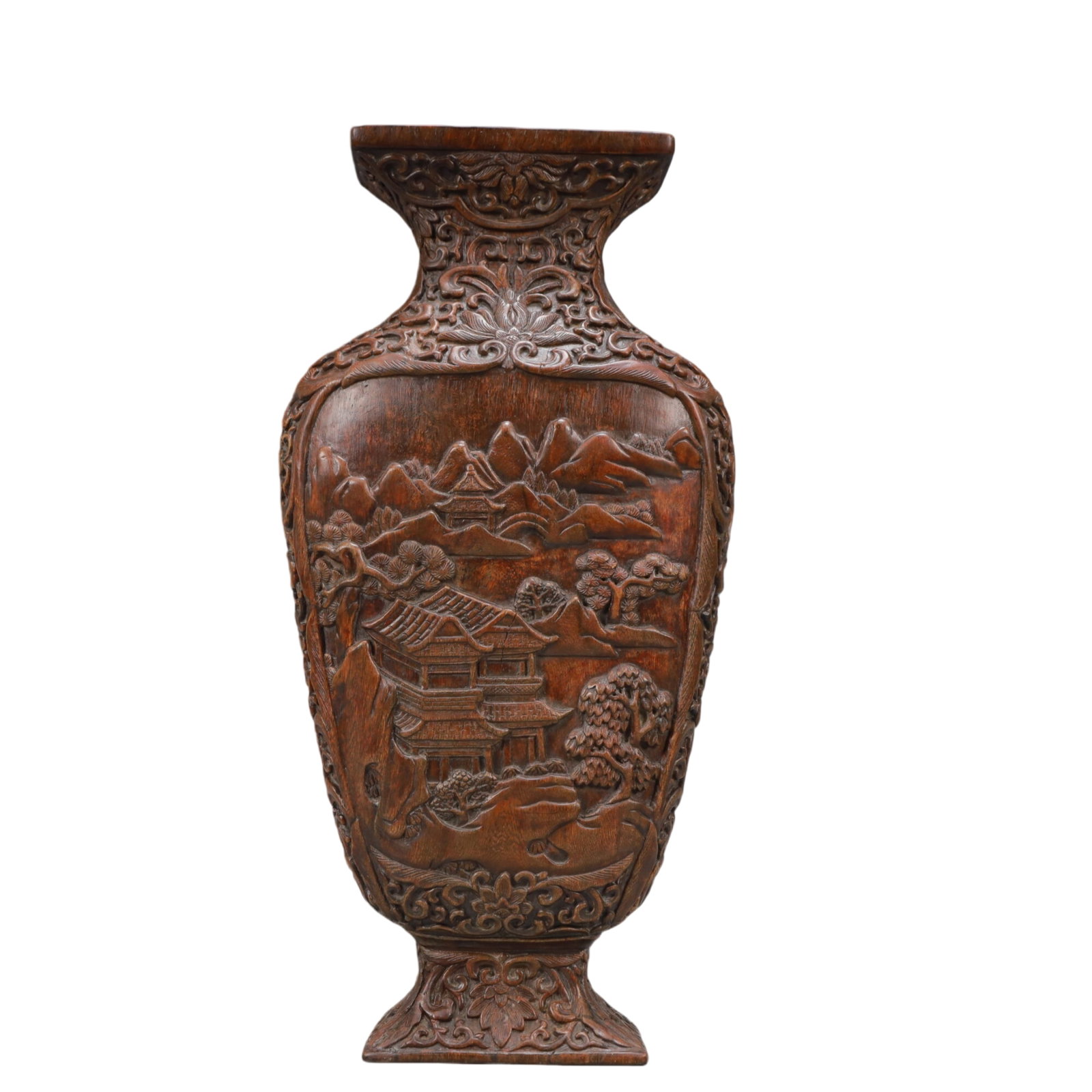 A Rare Eaglewood Landscape Pattern Vase: A Rare Eaglewood Landscape Pattern Vase,Qing Dynasty,China,Size:15inx6.7in,Weight:1400g 沉香木山水纹瓶,中国清代